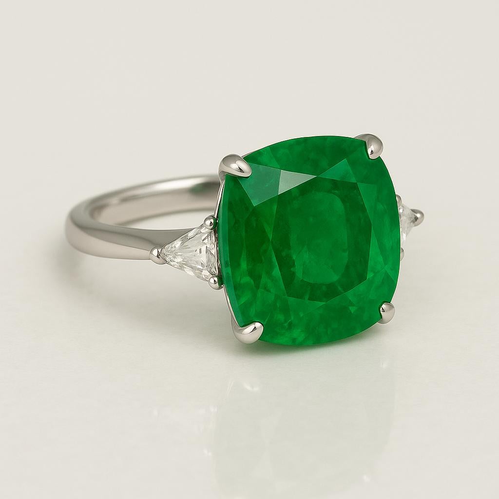 GRS Certified 14.11 Carat Natural Green Emerald Minor Oil Diamond Platinum Ring In New Condition For Sale In Chicago, IL