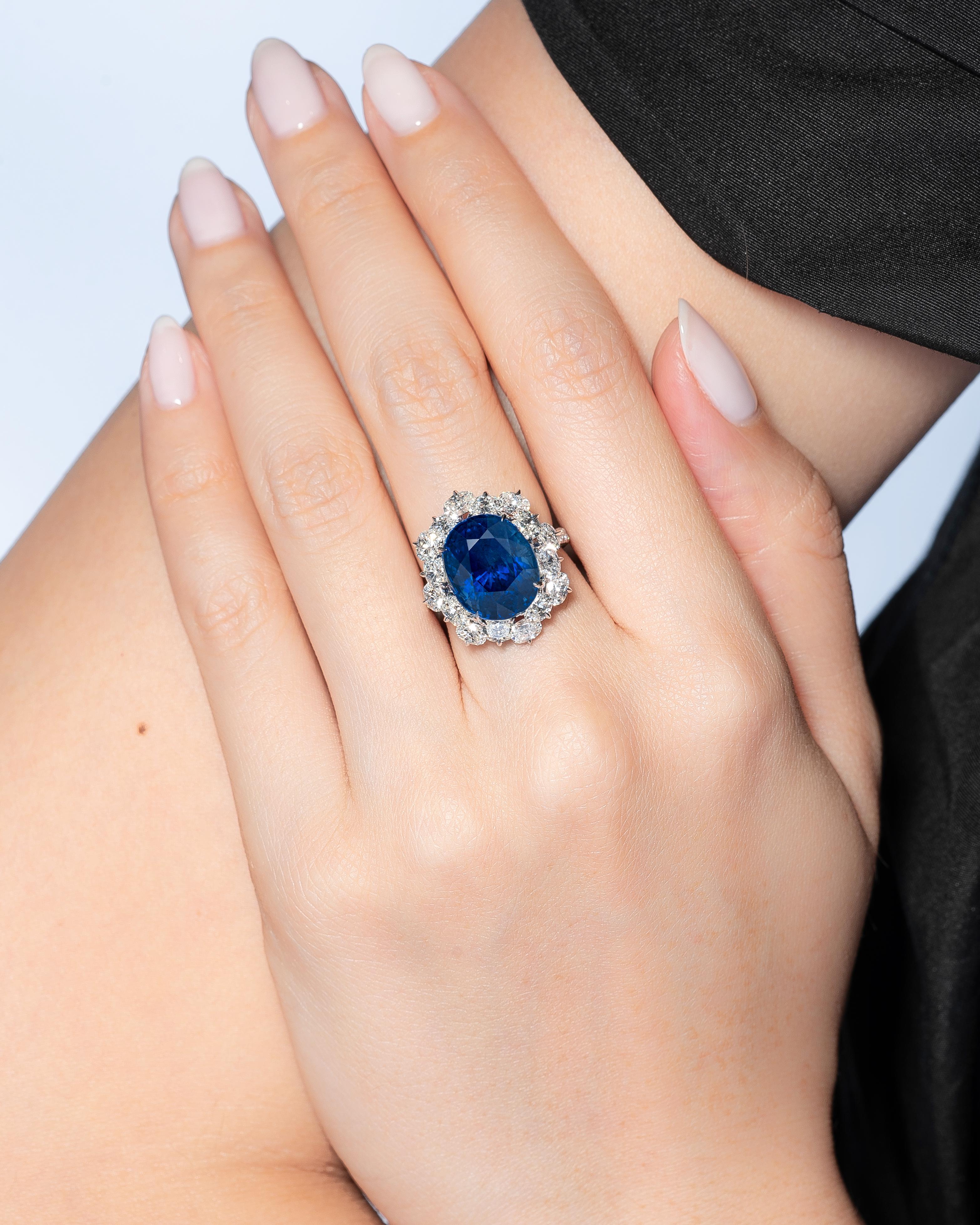 Contemporary GRS Certified 14.15 Carat Burmese No Heat Sapphire Diamond Ring in 18k Gold For Sale