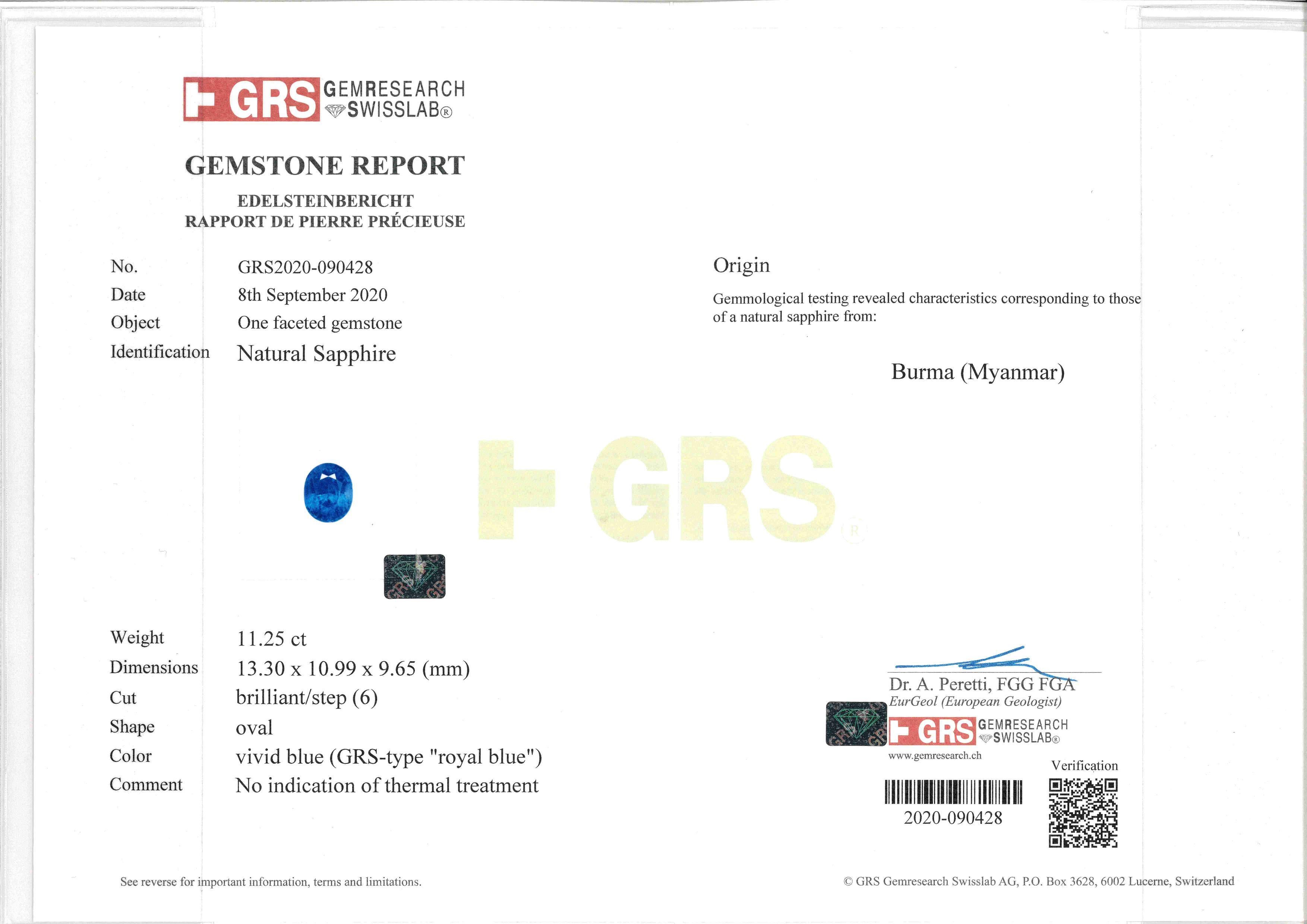 Oval Cut GRS Certified 14.15 Carat Burmese No Heat Sapphire Diamond Ring in 18k Gold For Sale