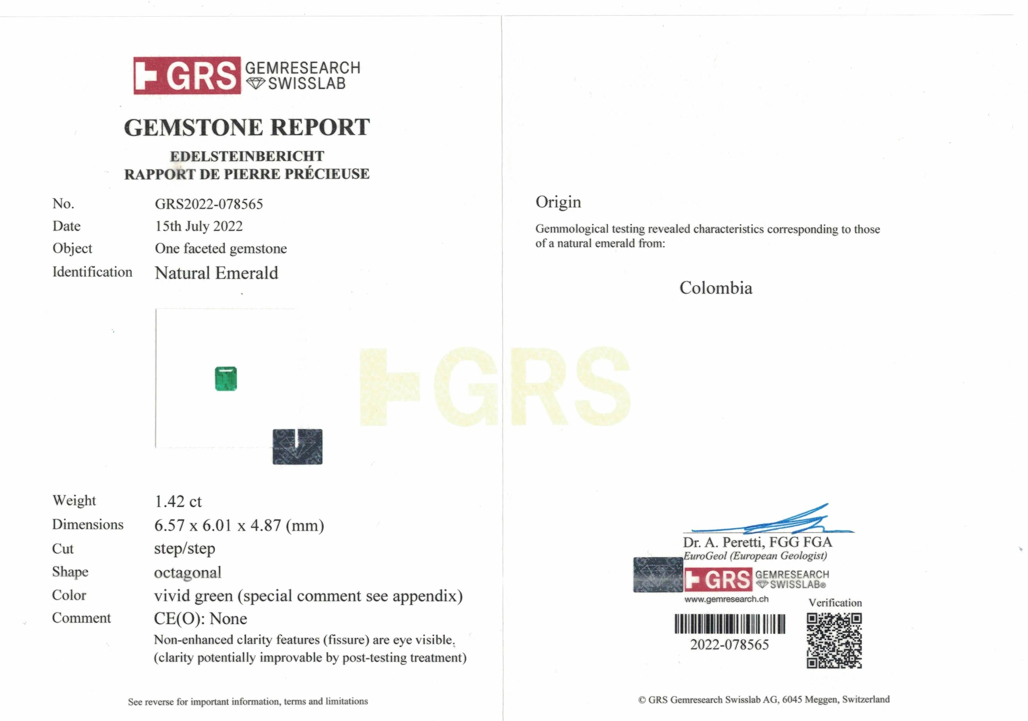 GRS Certified 1.42ct Muzo No-Oil Colombia Emerald 0.16ct Diamonds Platinum Ring 2