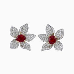 GRS Certified 1.43 Carat Burma Ruby Pigeon Blood And Diamond Earrings In 18K WG
