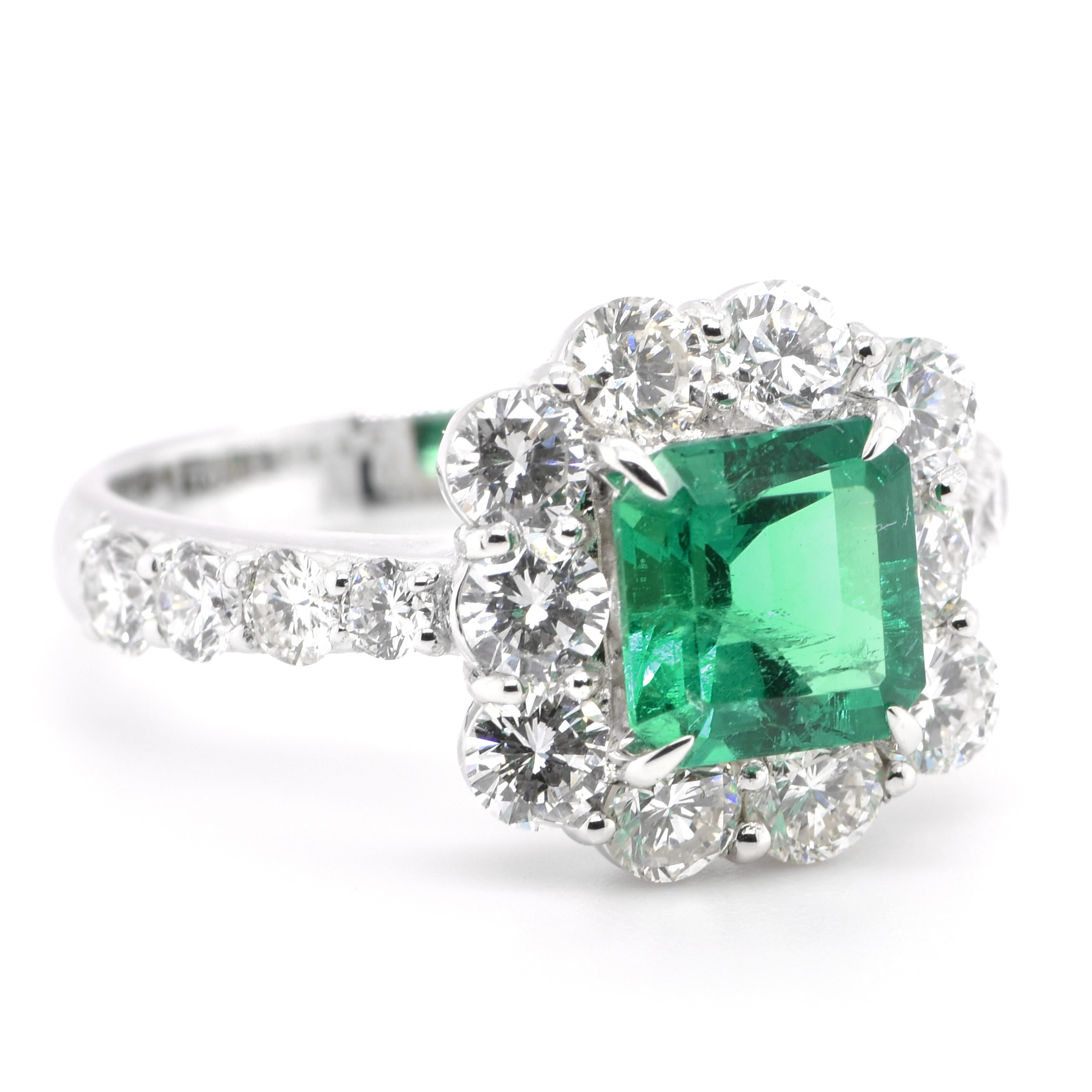 A stunning ring featuring a GRS Certified 1.43 Carat Natural Colombian Emerald and 1.81 Carats of Diamond Accents set in Platinum. People have admired emerald’s green for thousands of years. Emeralds have always been associated with the lushest