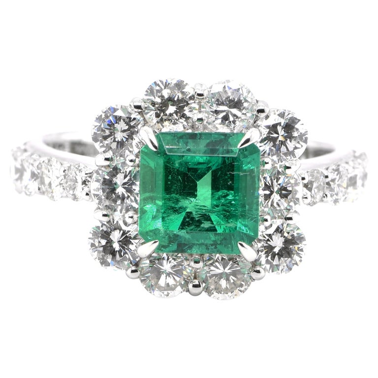GRS Certified 1.43 Carat Natural Colombian Emerald Ring Set in Platinum For Sale