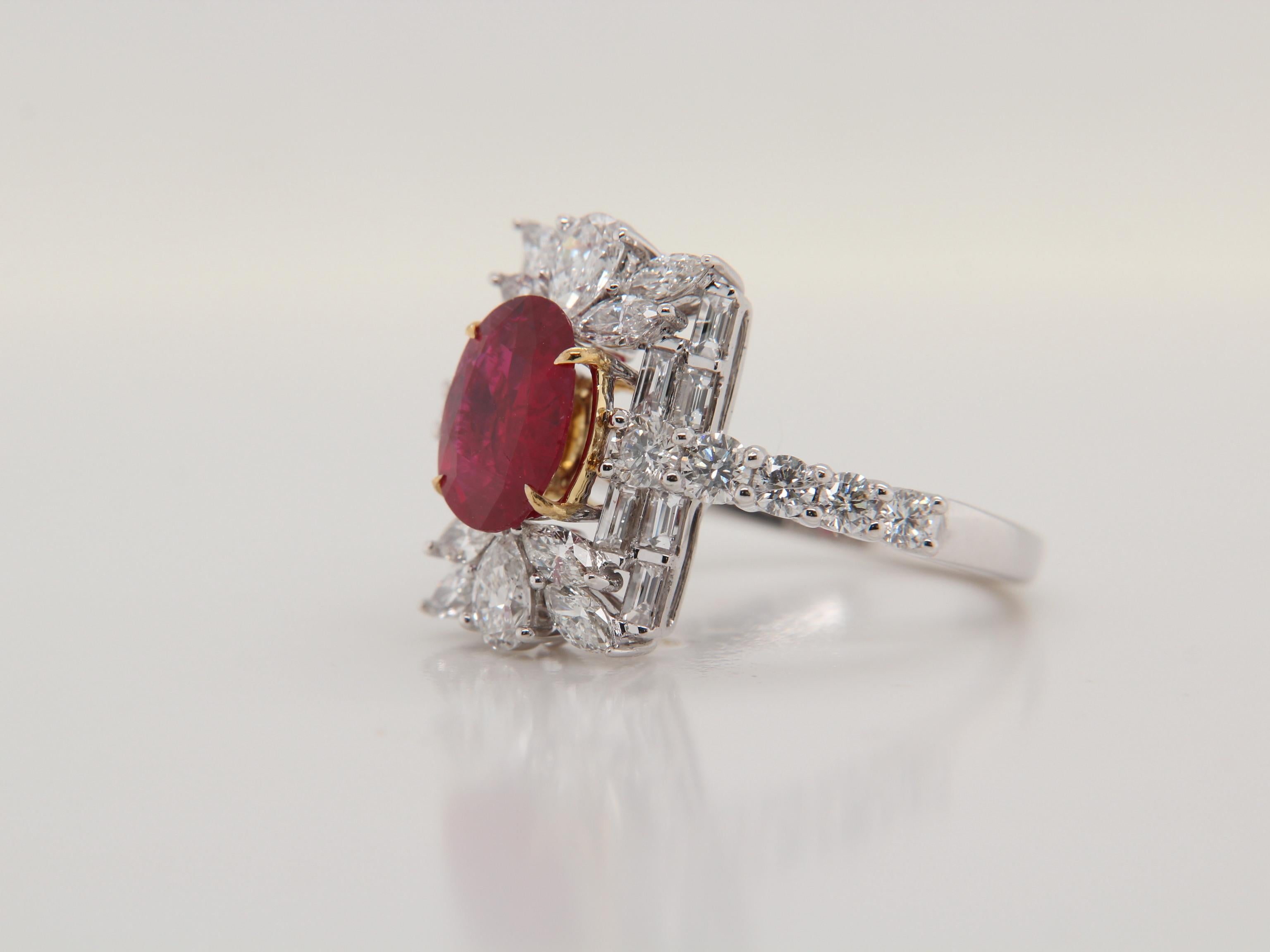 Oval Cut GRS Certified Burmese No Heat 1.43 Carat 'Pigeon Blood' Ruby and Diamond Ring