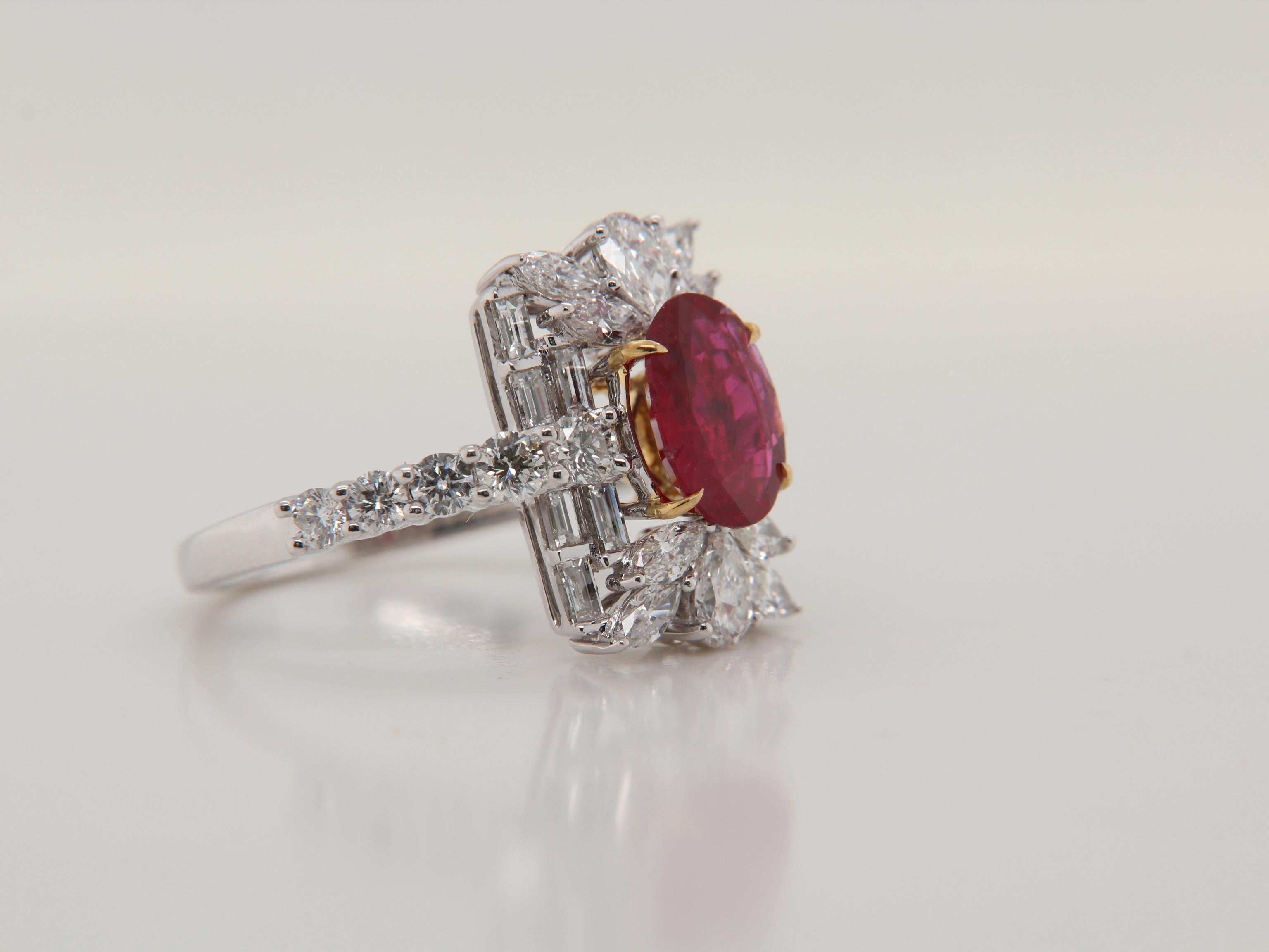 GRS Certified Burmese No Heat 1.43 Carat 'Pigeon Blood' Ruby and Diamond Ring In New Condition In Bangkok, TH