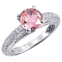 GRS Certified 1.43 ct Natural Padparadscha Sapphire Diamond 18K White Gold Ring