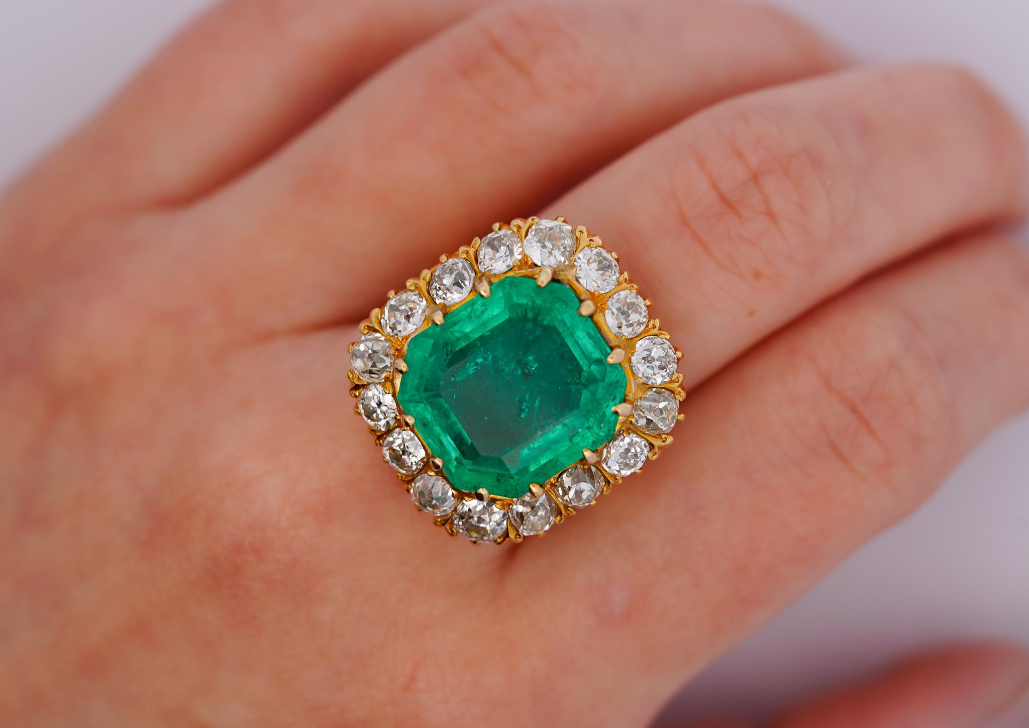 GRS Cert. 14.51 Carat Colombian Emerald and Old Euro Diamond Halo Filigree Ring For Sale 4