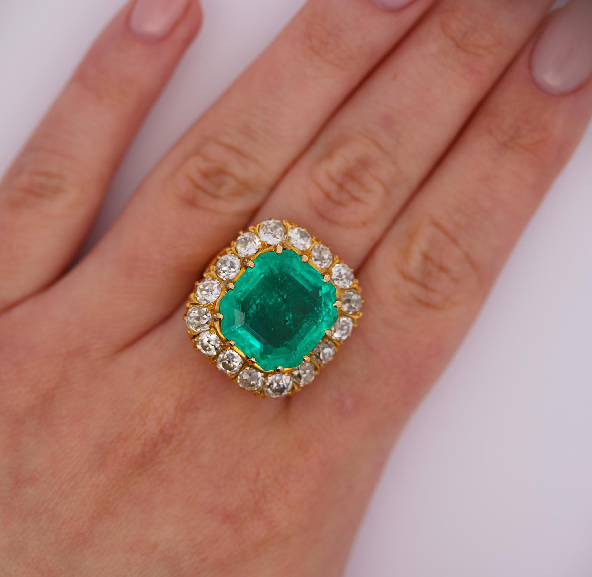 Women's or Men's GRS Cert. 14.51 Carat Colombian Emerald and Old Euro Diamond Halo Filigree Ring For Sale