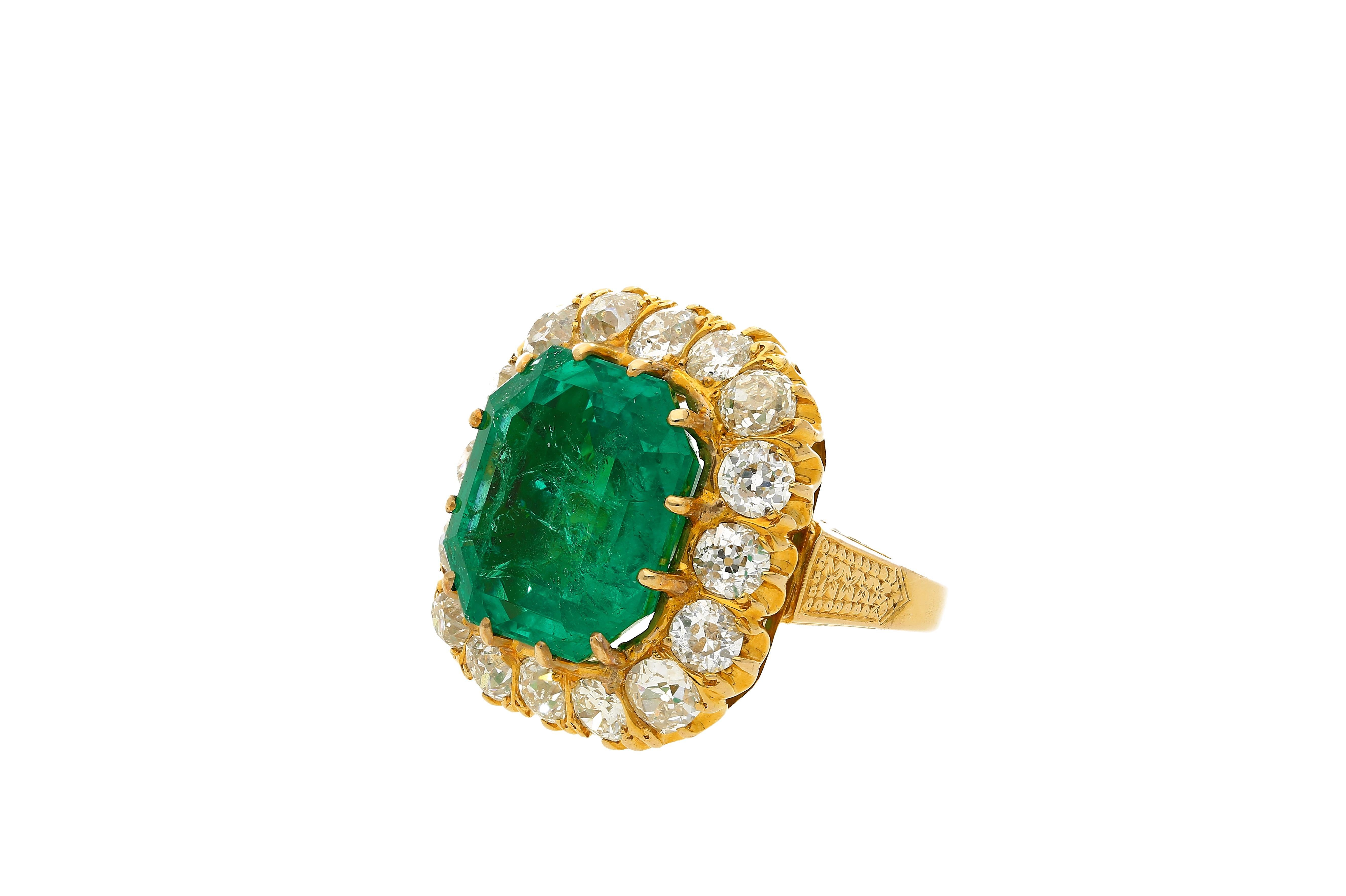 Art Deco GRS Certified 14.51 Carat Emerald and Old European Cut Diamond Halo Ring