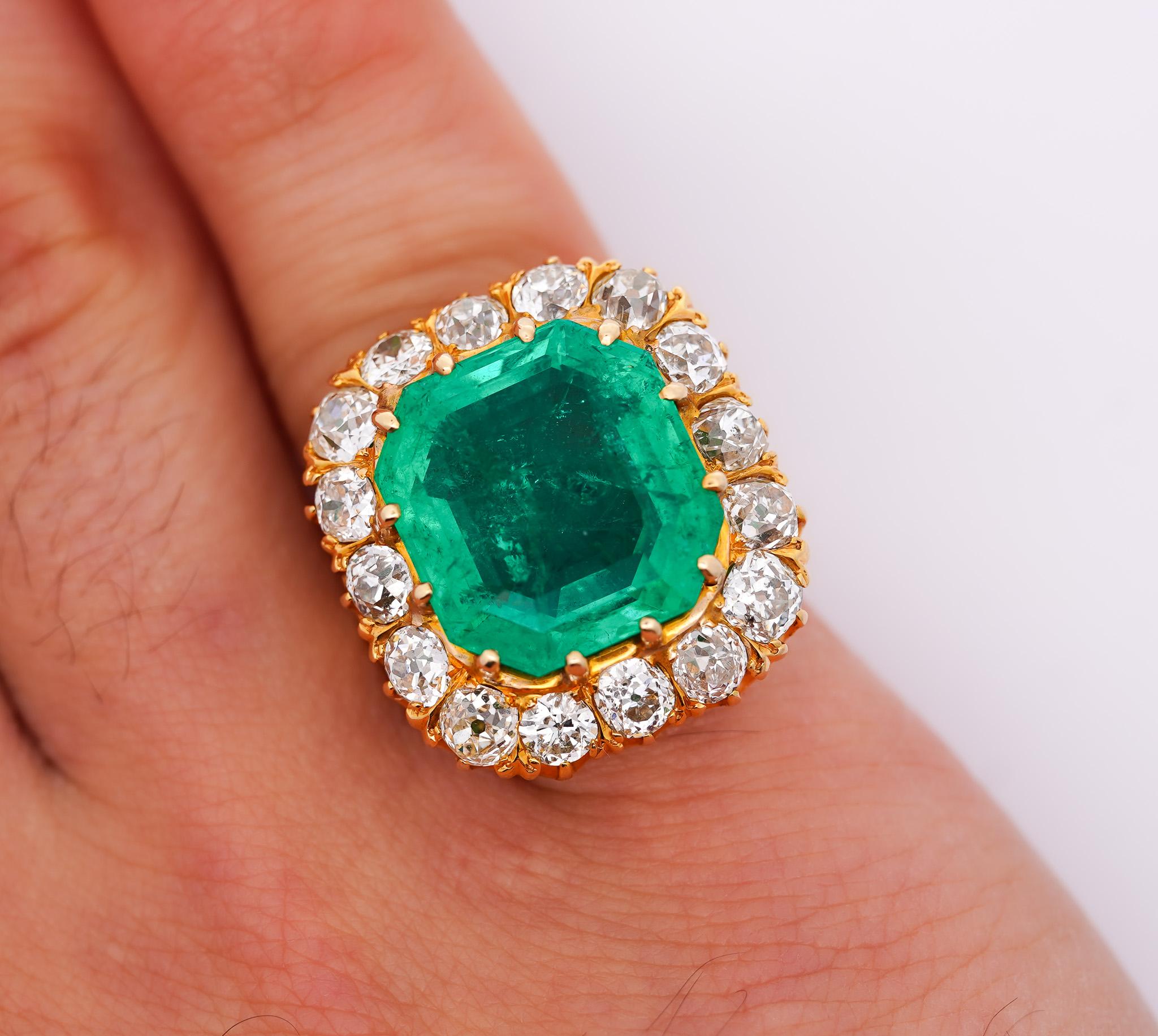 GRS Cert. 14.51 Carat Colombian Emerald and Old Euro Diamond Halo Filigree Ring For Sale 1