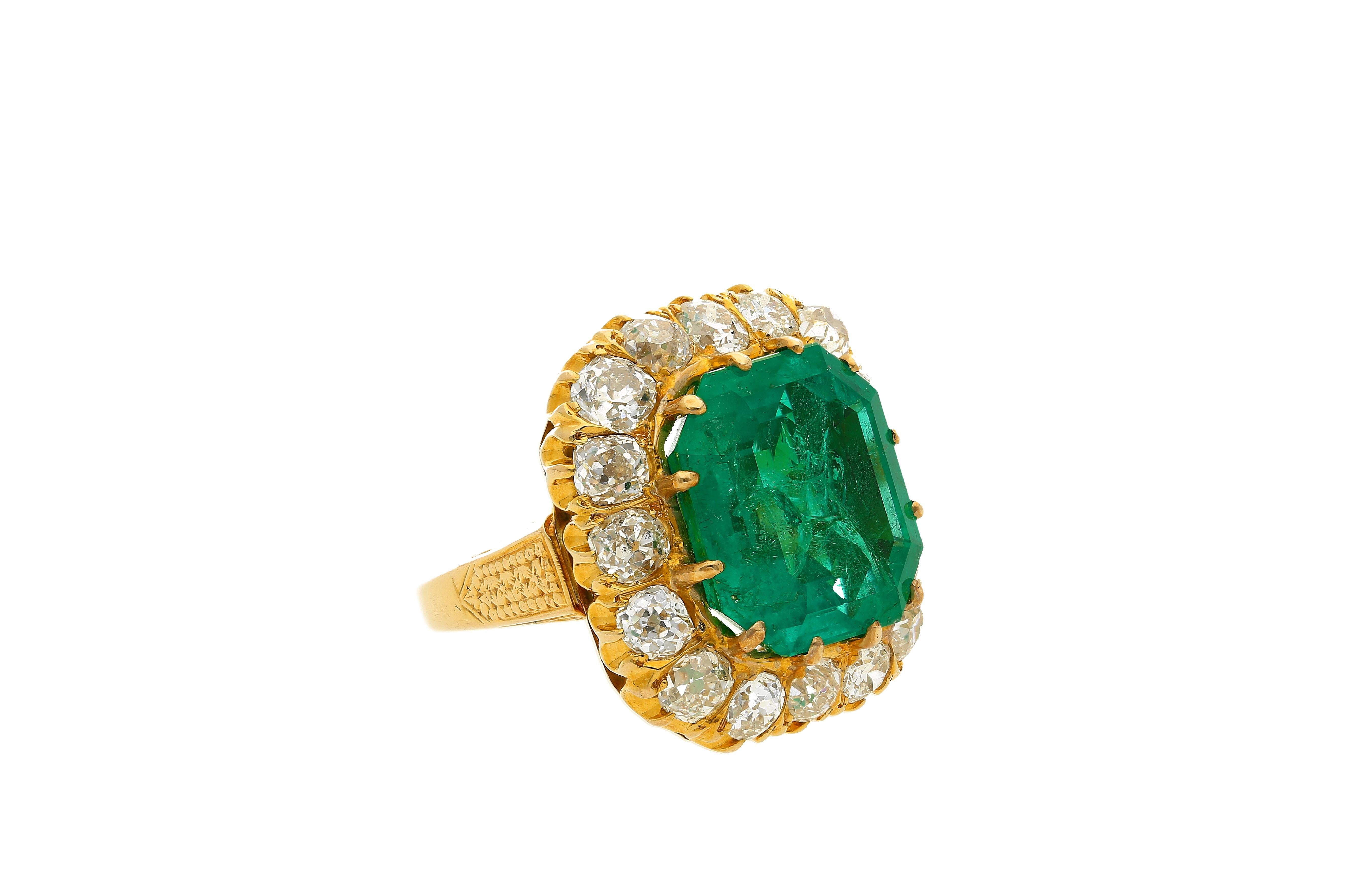 Emerald Cut GRS Certified 14.51 Carat Emerald and Old European Cut Diamond Halo Ring