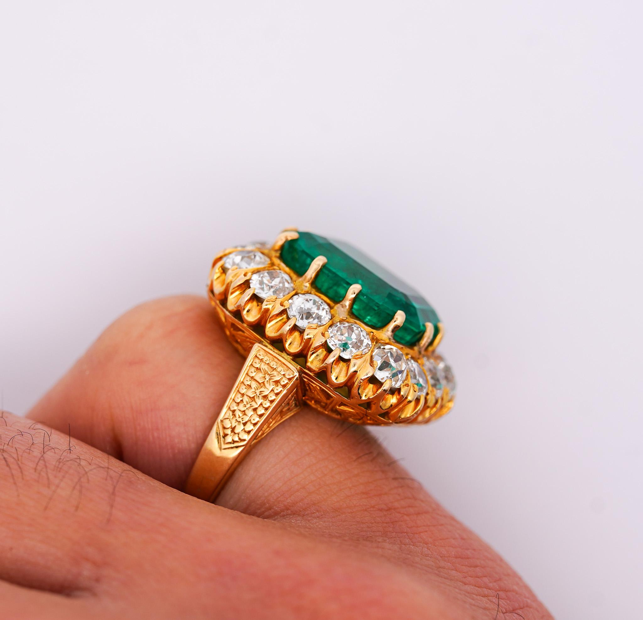 GRS Cert. 14.51 Carat Colombian Emerald and Old Euro Diamond Halo Filigree Ring For Sale 2