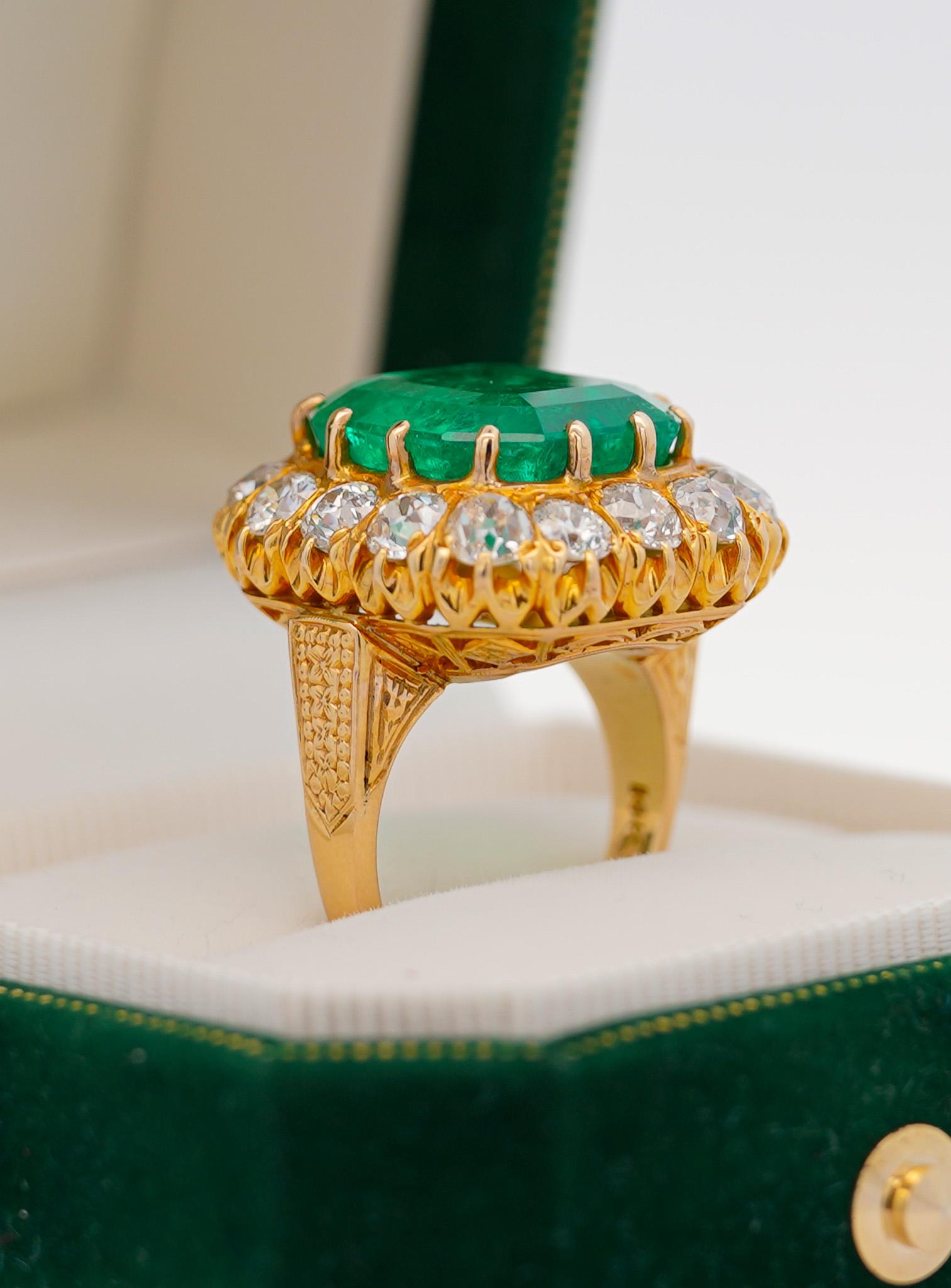 Retro GRS Cert. 14.51 Carat Colombian Emerald and Old Euro Diamond Halo Filigree Ring For Sale