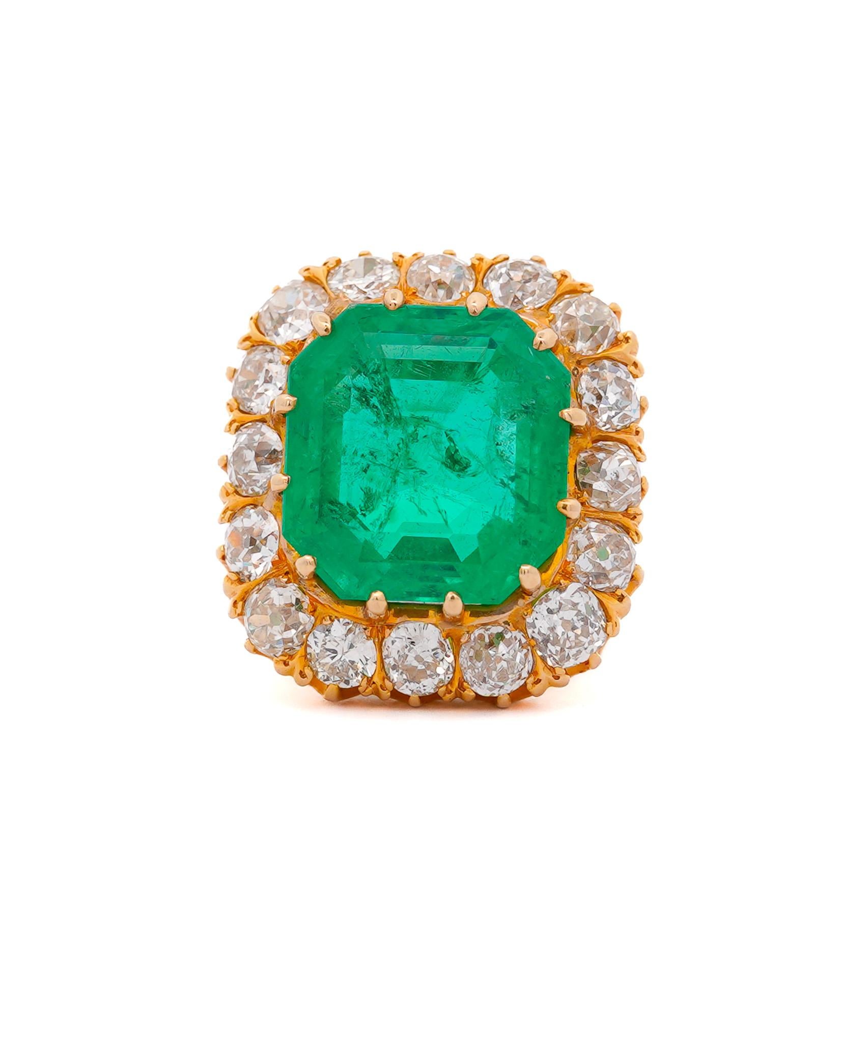 Octagon Cut GRS Cert. 14.51 Carat Colombian Emerald and Old Euro Diamond Halo Filigree Ring For Sale