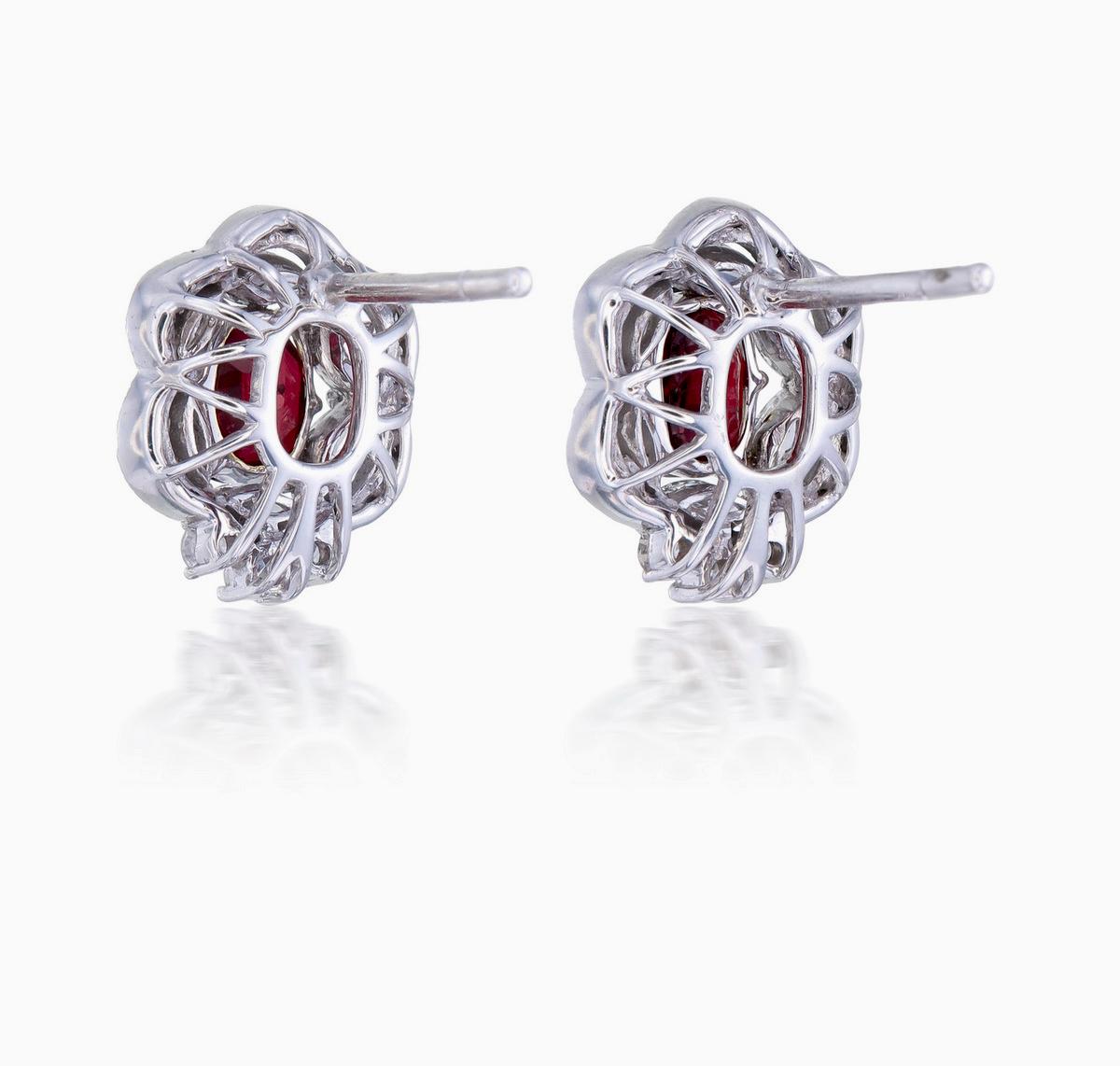Cushion Cut GRS Certified 1.46 Carat Pigeon Blood Ruby and Diamond Earrings For Sale