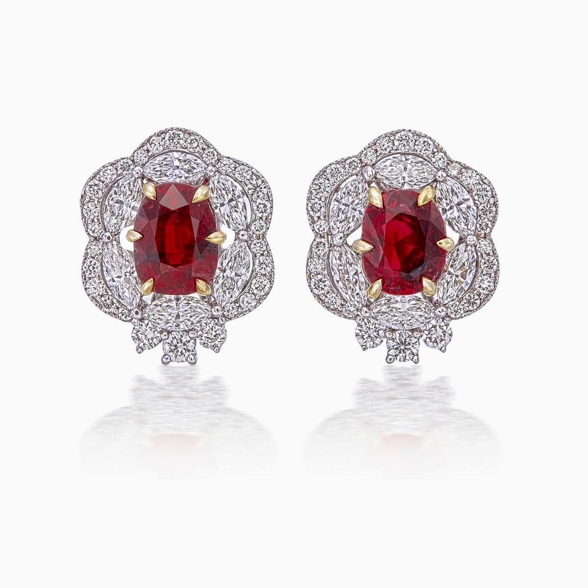 GRS Certified 1.46 Carat Pigeon Blood Ruby and Diamond Earrings In New Condition For Sale In Bangkok, TH