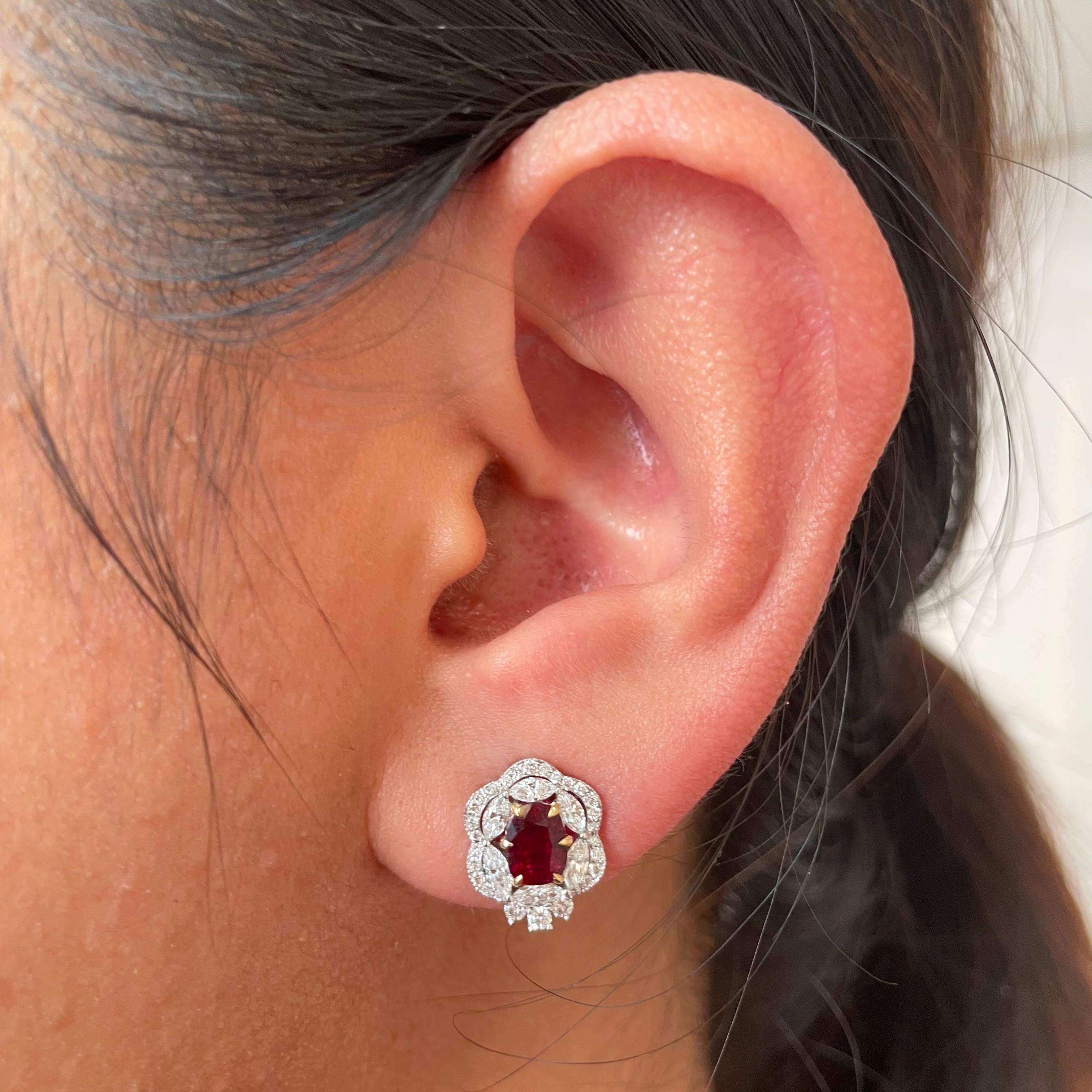 GRS Certified 1.46 Carat Pigeon Blood Ruby and Diamond Earrings For Sale 2