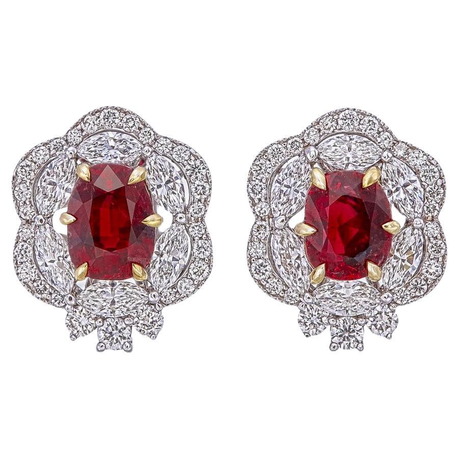 GRS Certified 1.46 Carat Pigeon Blood Ruby and Diamond Earrings For Sale