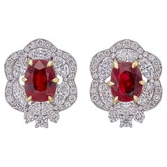GRS Certified 1.46 Carat Pigeon Blood Ruby and Diamond Earrings