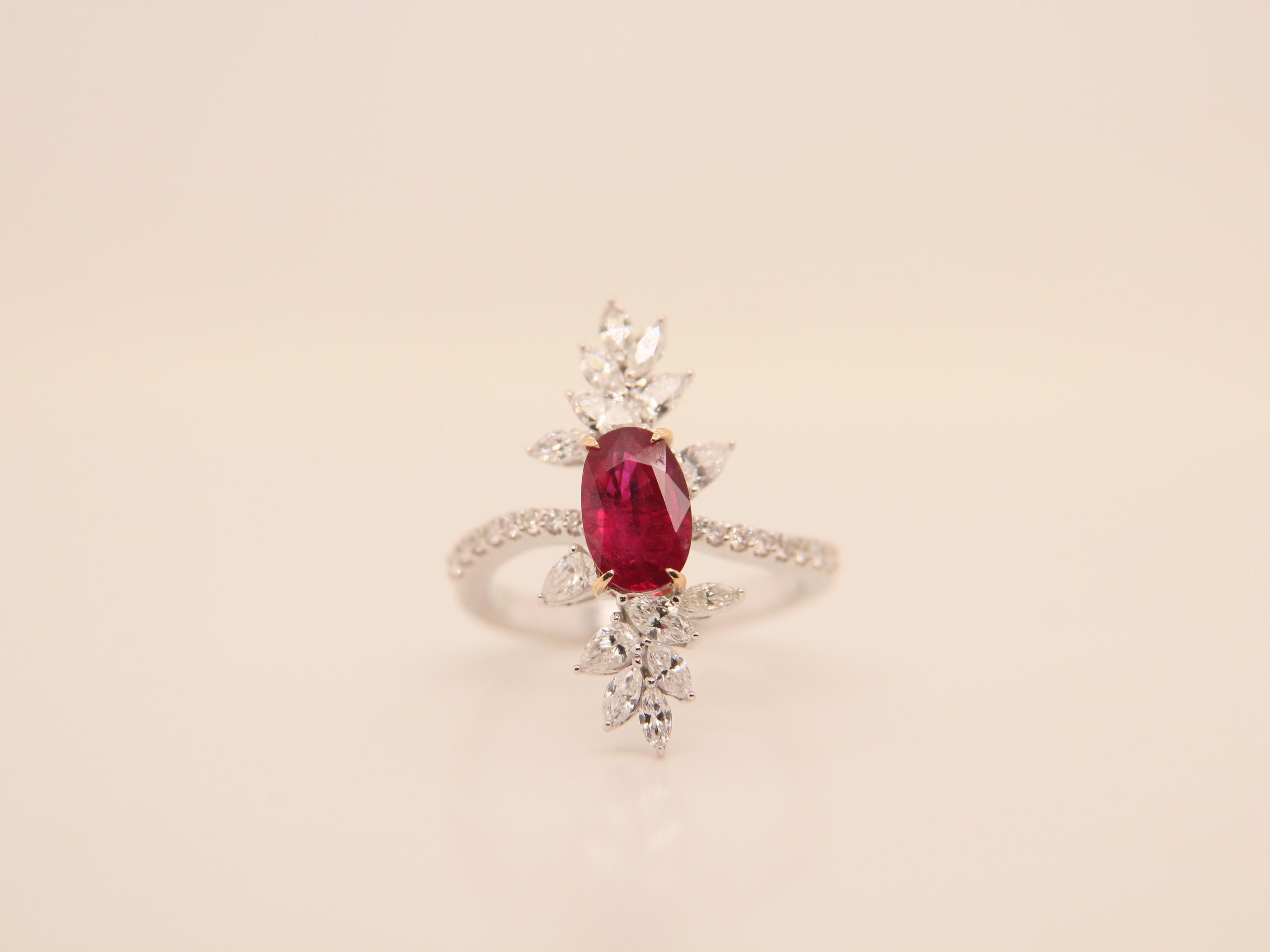 A brand new handcrafted ruby ring by Rewa Jewels. The ring's center stone is 1.47 carat Burmese ruby certified by Gem Research Swisslab (GRS) as natural, unheated, 'Pigeon blood' with the certificate number: 2021-110967. The centre ruby has been set