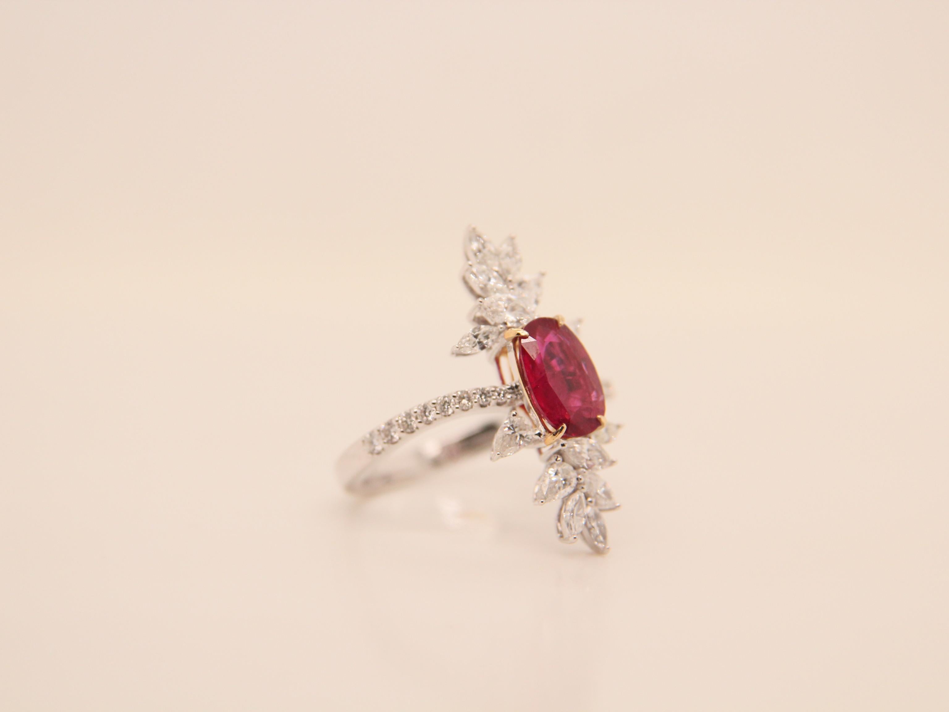 Cushion Cut GRS Certified 1.47 Carat Burmese Ruby No Heat Pigeon Blood Ring in 18 K Gold For Sale