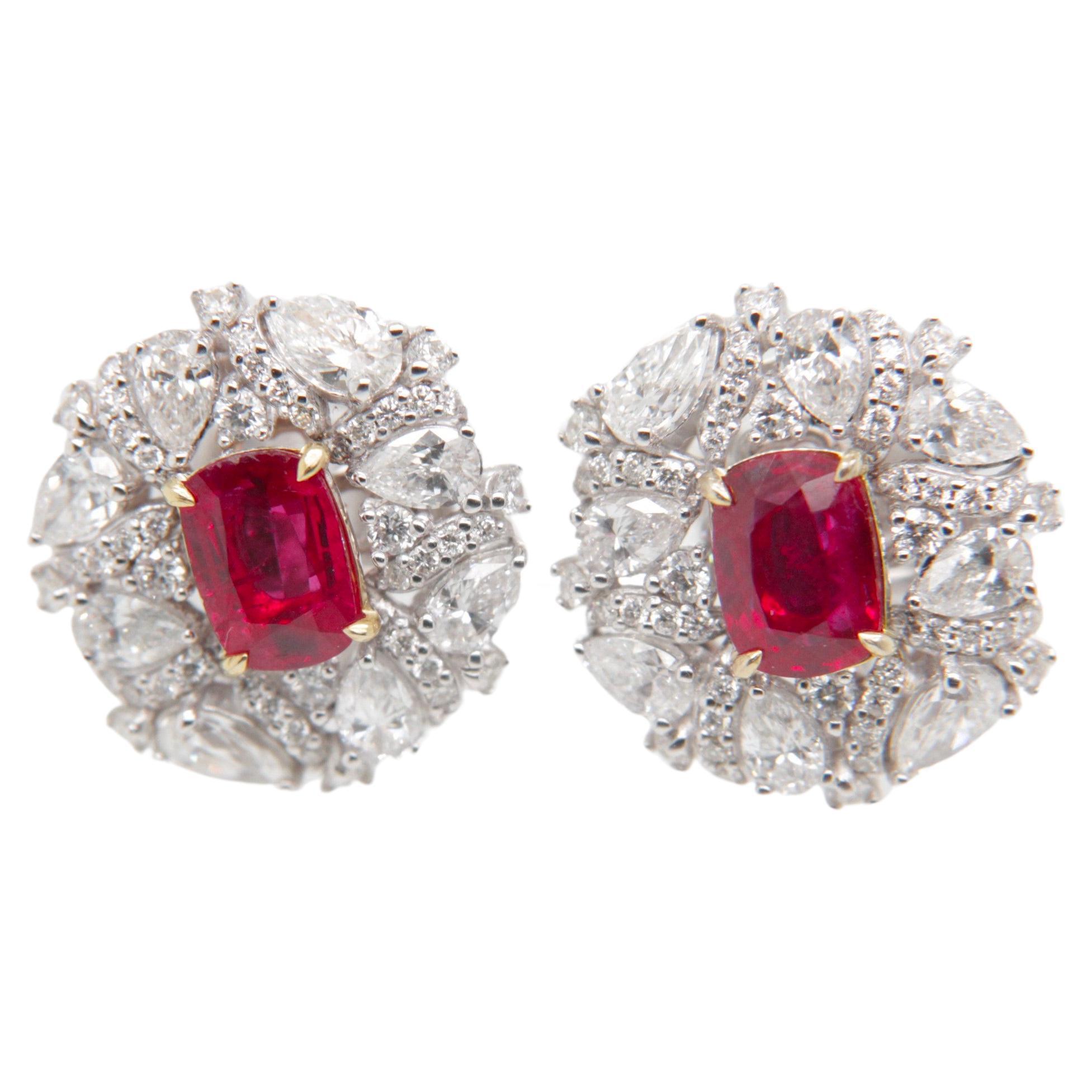 GRS Certified 1.47 Carat Pigeon Blood Burmese No Heat Ruby and Diamond Earring  For Sale