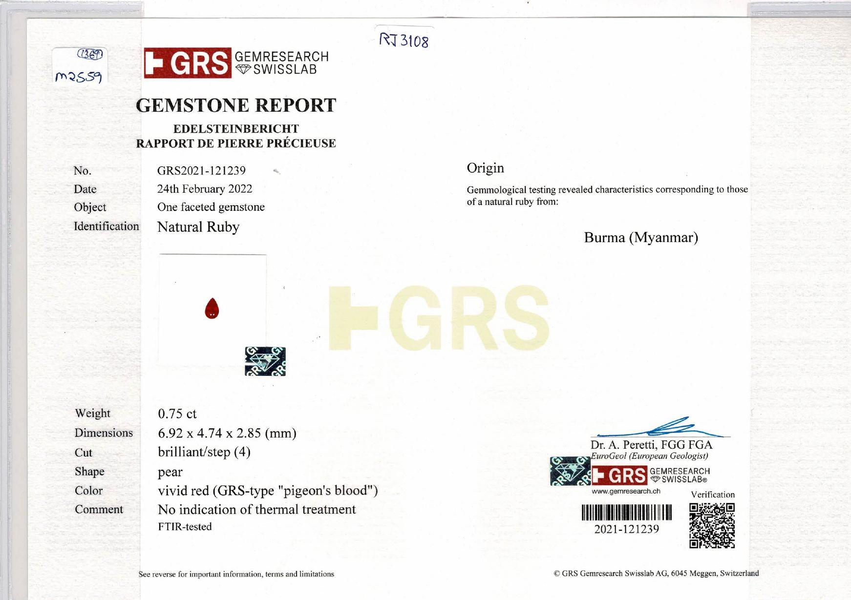 Women's GRS Certified 1.48 Carat No Heat Burma Pigeon Blood Ruby in 18 Karat White Gold For Sale