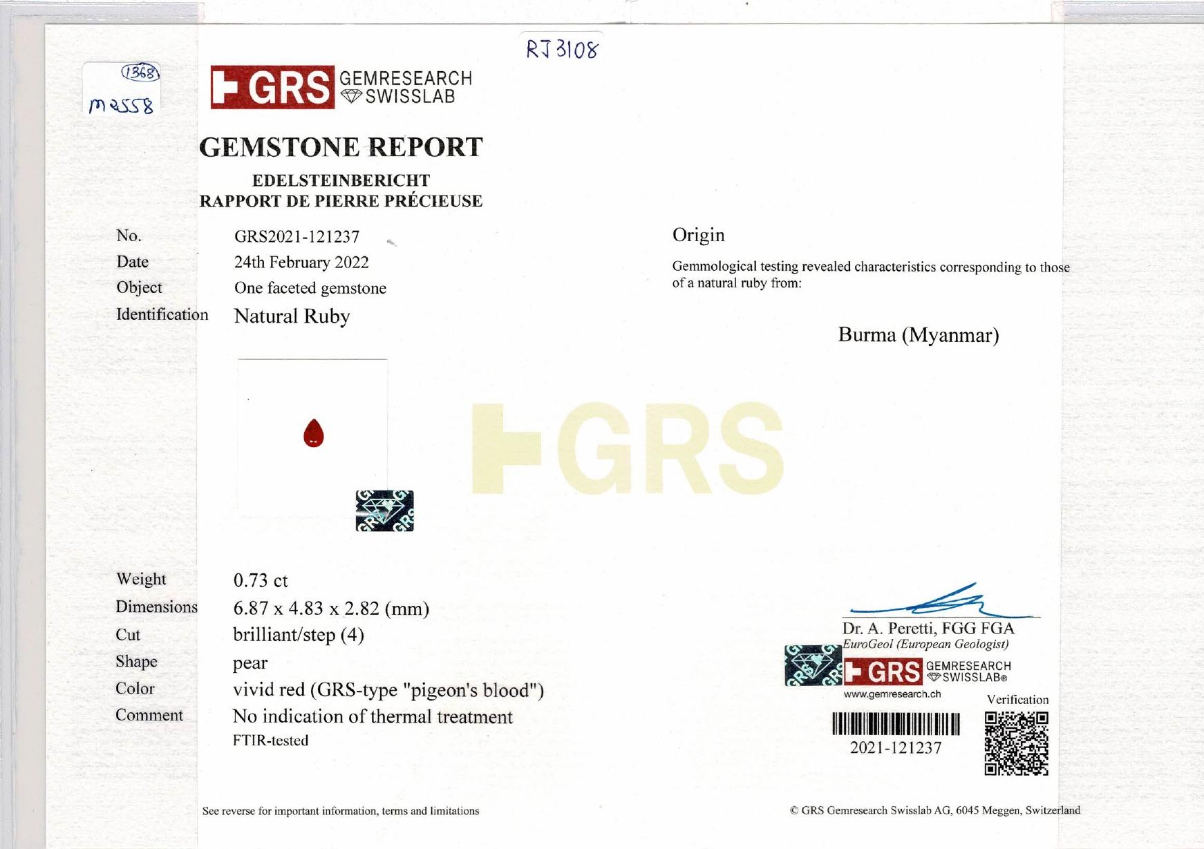 GRS Certified 1.48 Carat No Heat Burma Pigeon Blood Ruby in 18 Karat White Gold For Sale 1