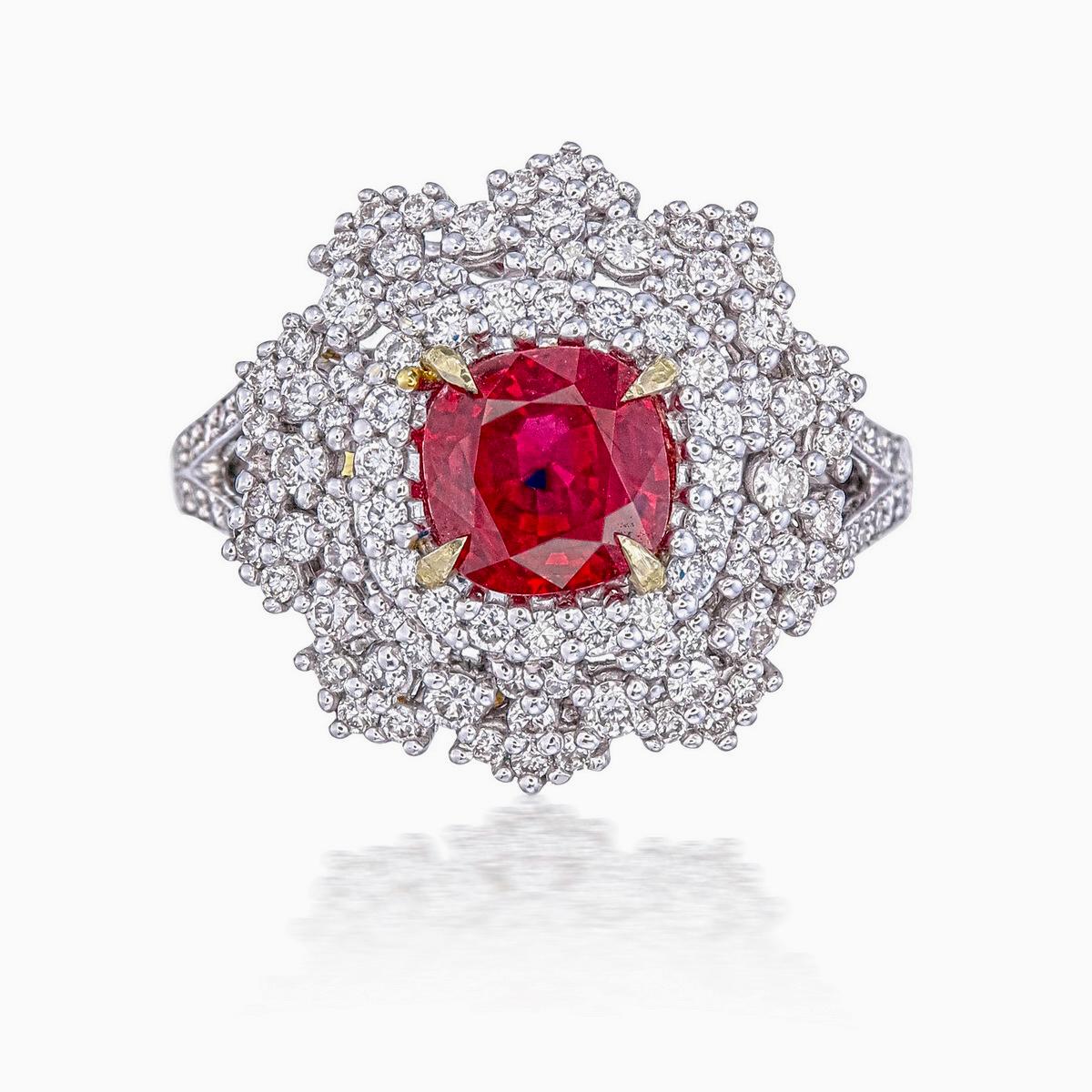 A brand new handcrafted ruby ring by Rewa Jewels. The ring's center stone is 1.49 carat Burmese ruby certified by Gem Research Swisslab (GRS) as natural, unheated, 'Pigeon blood' with the certificate number 2021-110632. The centre ruby has been set