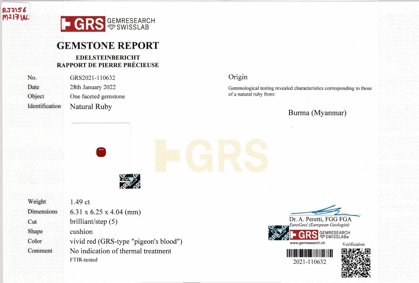 GRS-zertifizierter 1,49 Karat burmesischer Rubin Ring mit unbehandeltem Taubenblut in 18 Karat Gold für Damen oder Herren im Angebot