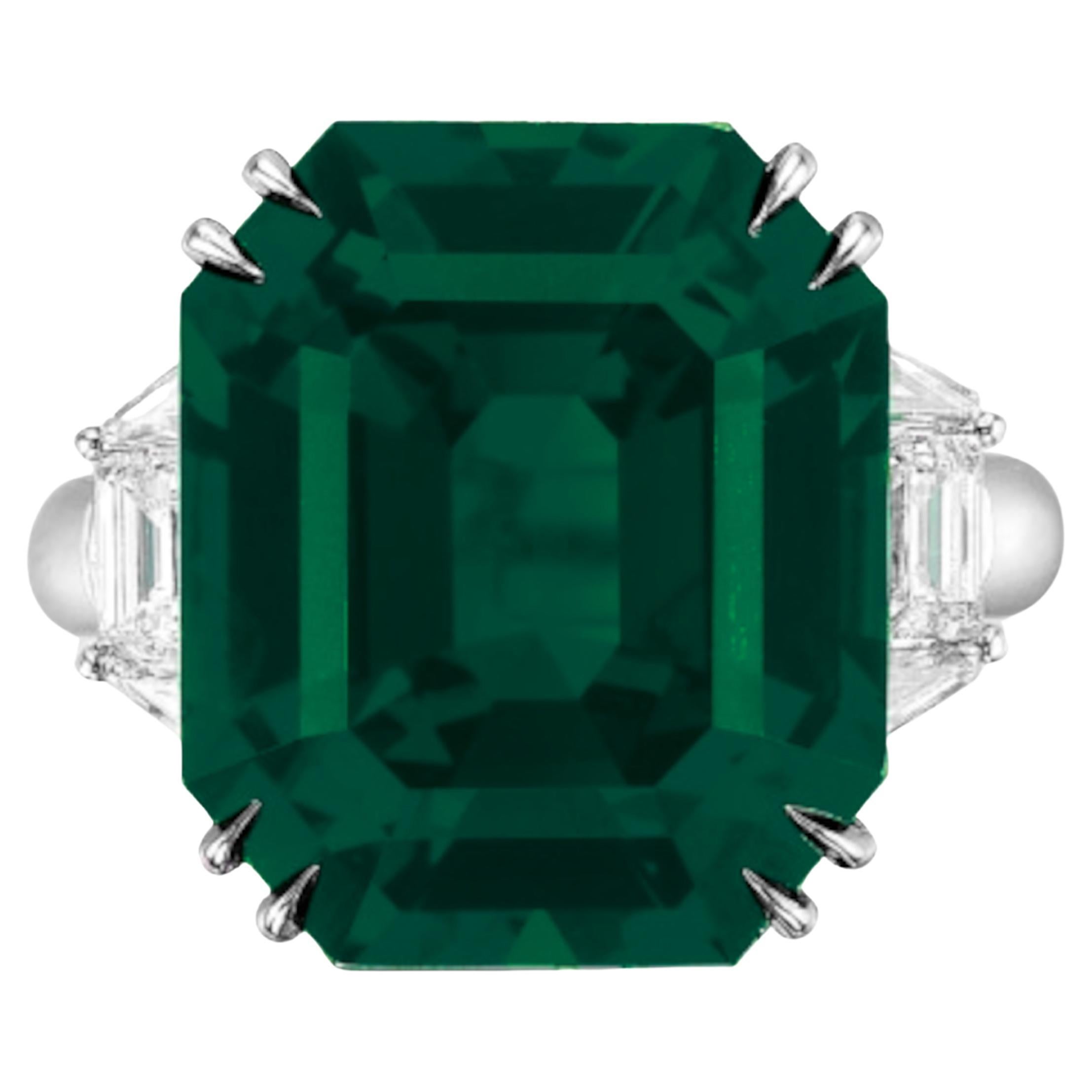 GRS Certified 15 Carat Minor Oil VIVID GREEN Colombian Emerald Diamond Ring