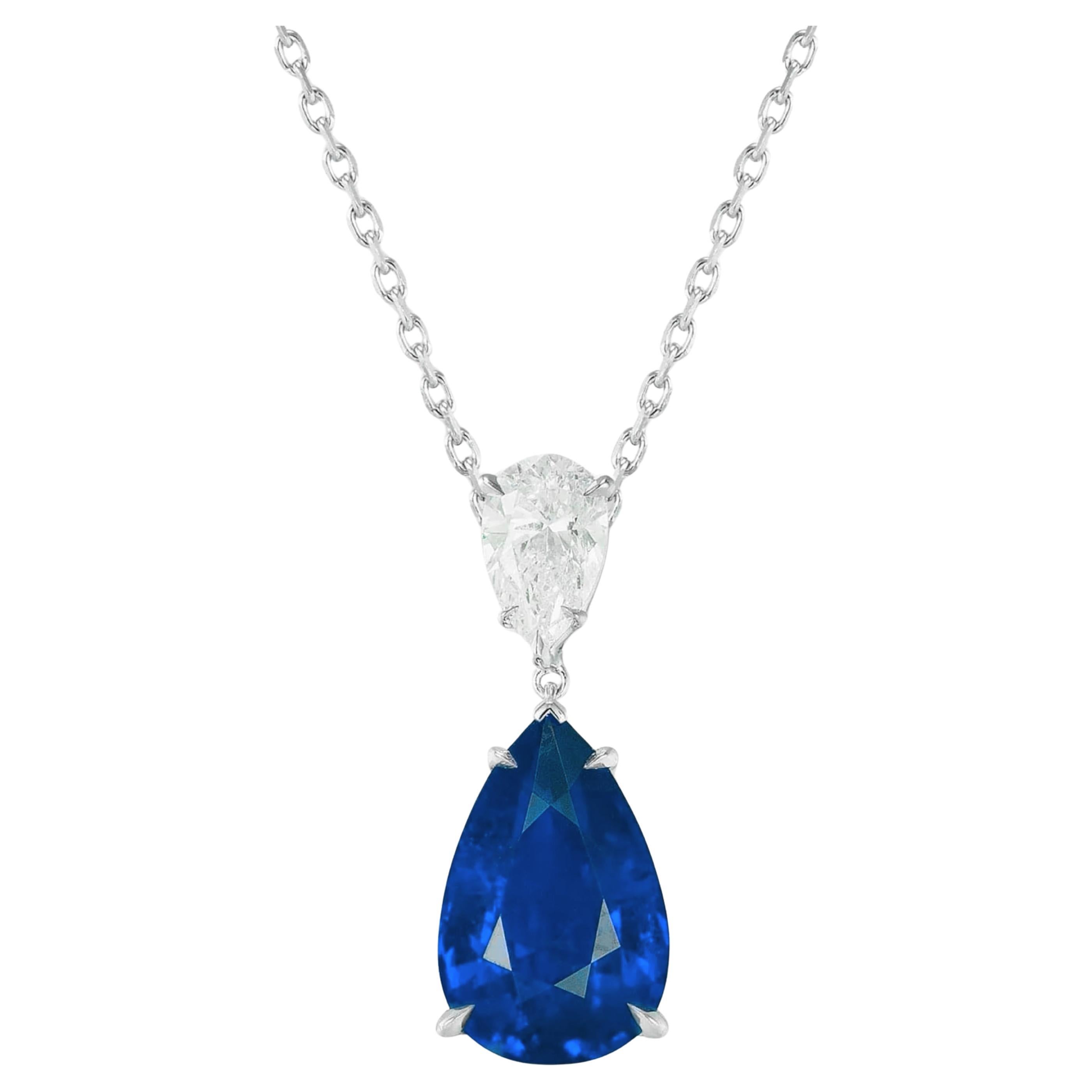 GRS Certified 15 Carat Untreated Ceylon Blue Sapphire Pendant Diamond Necklace