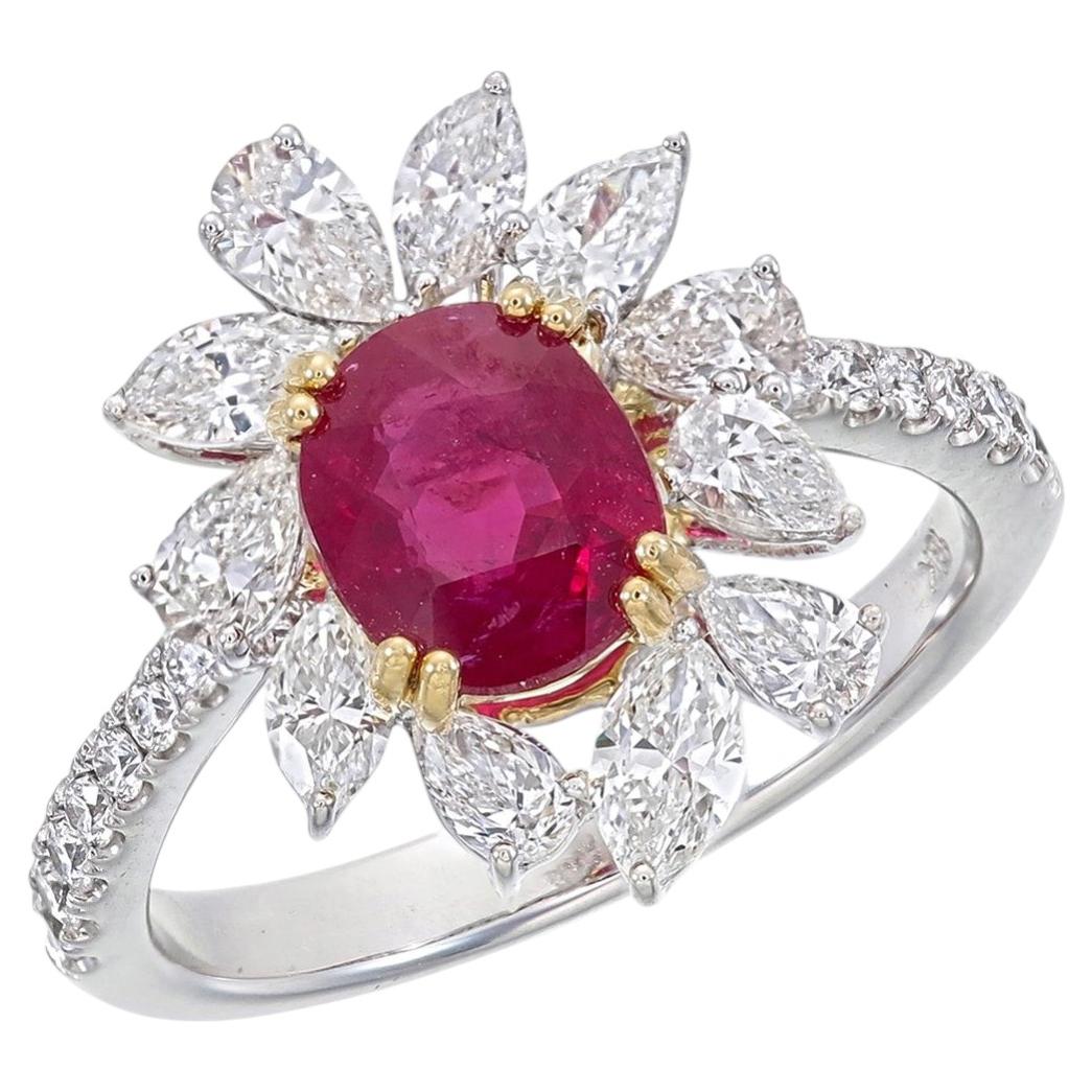 GRS Certified 1.50 Carat Burma No Heat Pigeon Blood Ruby Diamond Ring in 18K