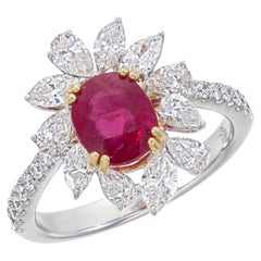 GRS Certified 1.50 Carat Burma No Heat Pigeon Blood Ruby Diamond Ring in 18K