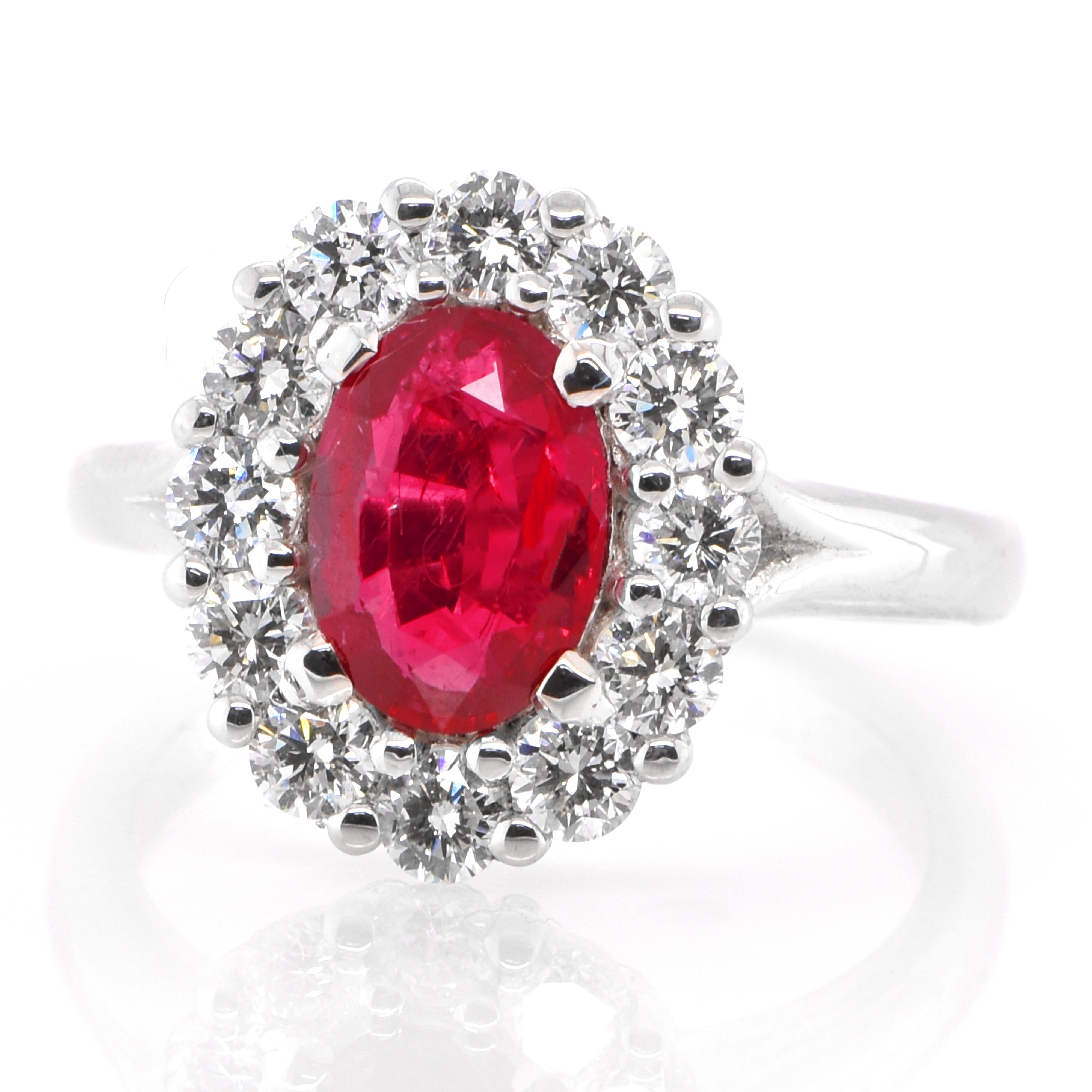 A beautiful ring set in Platinum featuring a GRS Certified 1.51 Carat Natural Untreated, Pigeon's Blood Colored Ruby and 0.95 Carat Diamonds. Rubies are referred to as 