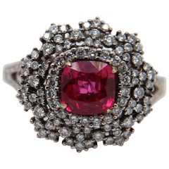 GRS Certified 1.52 Burmese No Heat Ruby and Diamond Cocktail Ring