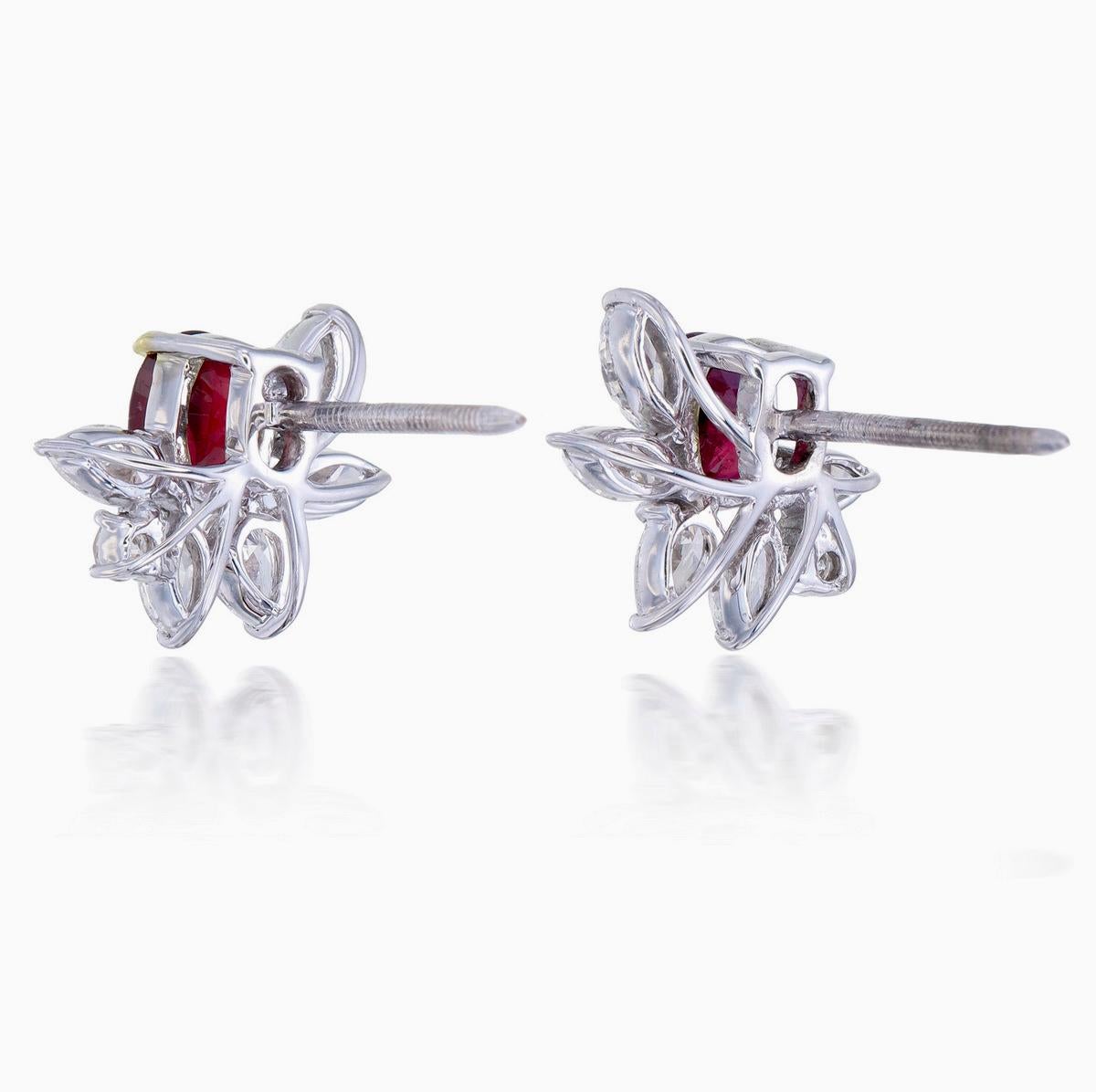 Cushion Cut GRS Certified 1.52 Carat Pigeon Blood Ruby and Diamond Earrings For Sale