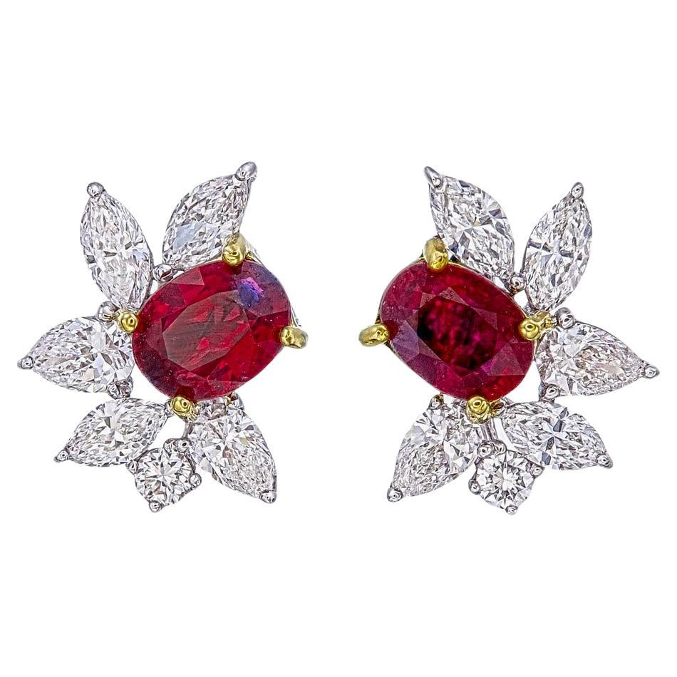 GRS Certified 1.52 Carat Pigeon Blood Ruby and Diamond Earrings For Sale
