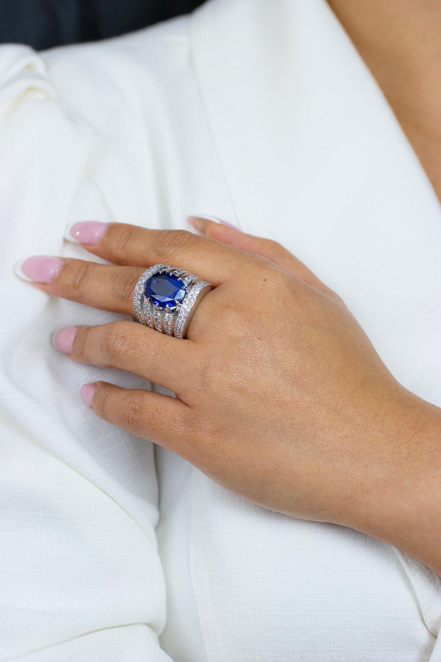 Roman Malakov 15.27 Carats Oval Cut Sapphire & Diamond Wide Cocktail Ring For Sale 2
