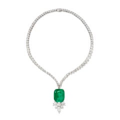 GRS Certified 15.33 Carat Colombian Emerald and Diamond Platinum Necklace