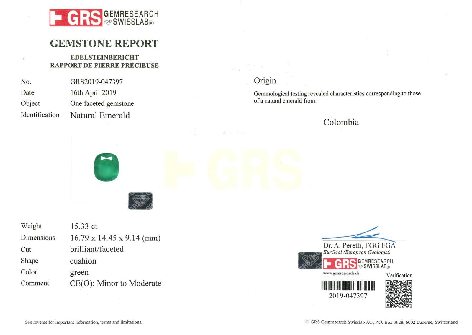GRS-zertifizierte 15.33 Karat kolumbianischer Smaragd und Diamant-Platin-Halskette (Kissenschliff) im Angebot