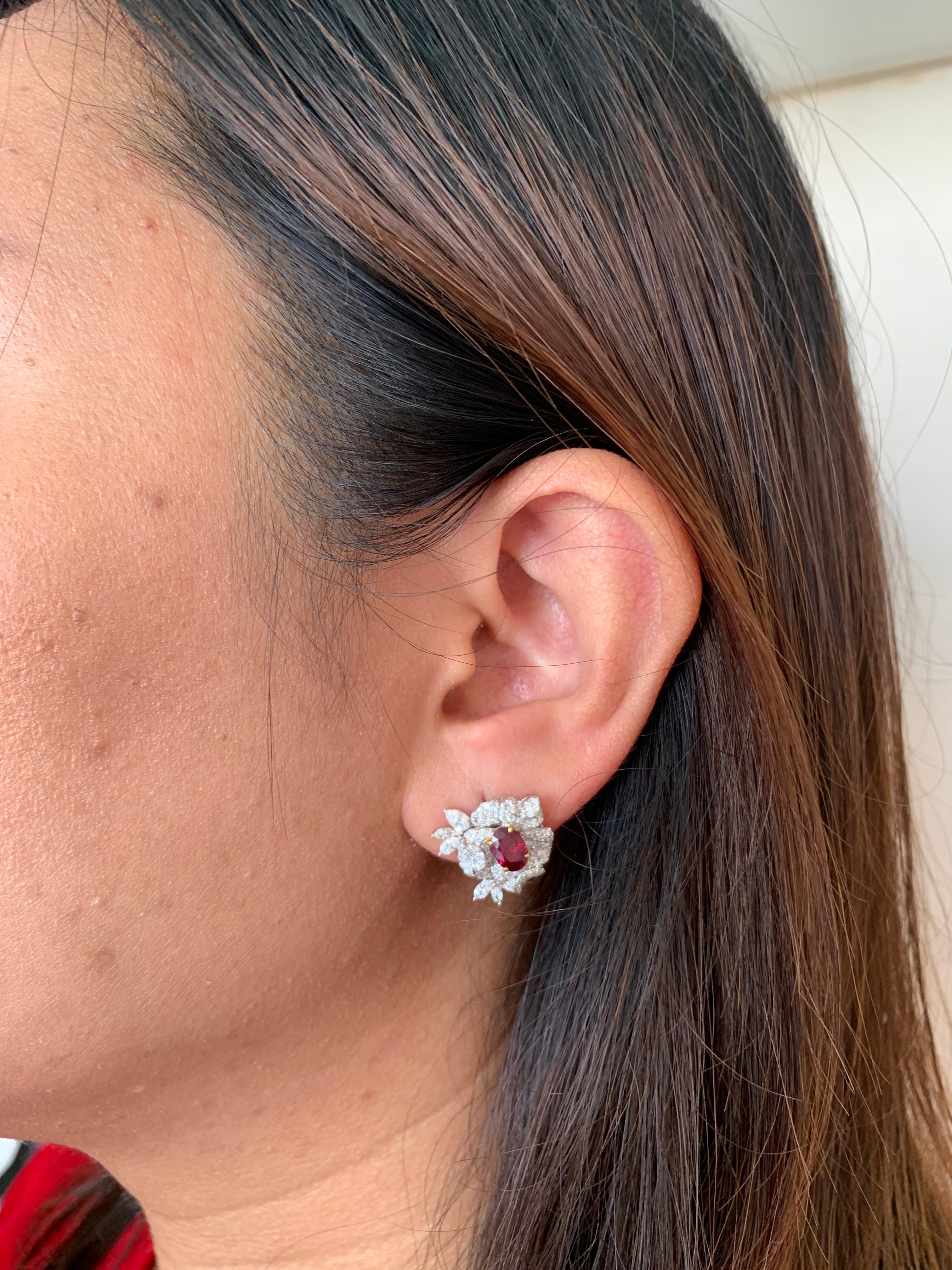Oval Cut GRS Certified 1.54 Carat Burmese No Heat Pigeon Blood Ruby and Diamond Earrings For Sale
