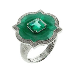 GRS Certified 1.55 Columbian Emerald Diamond Enamel 18 Karat Gold Cocktail Ring