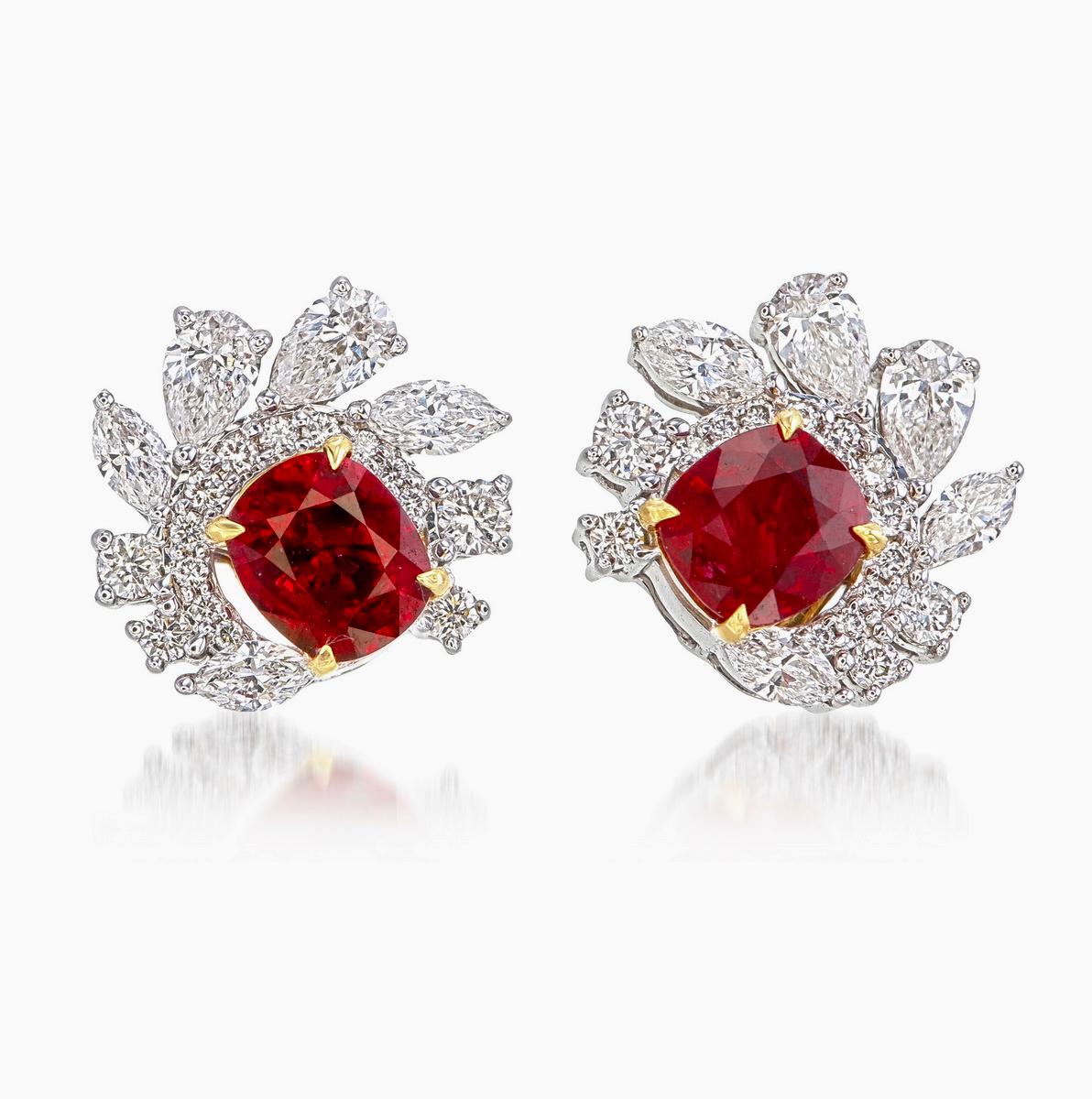 Cushion Cut GRS Certified 1.57 Carat Burmese No Heat Pigeon Blood Ruby and Diamond Earrings For Sale