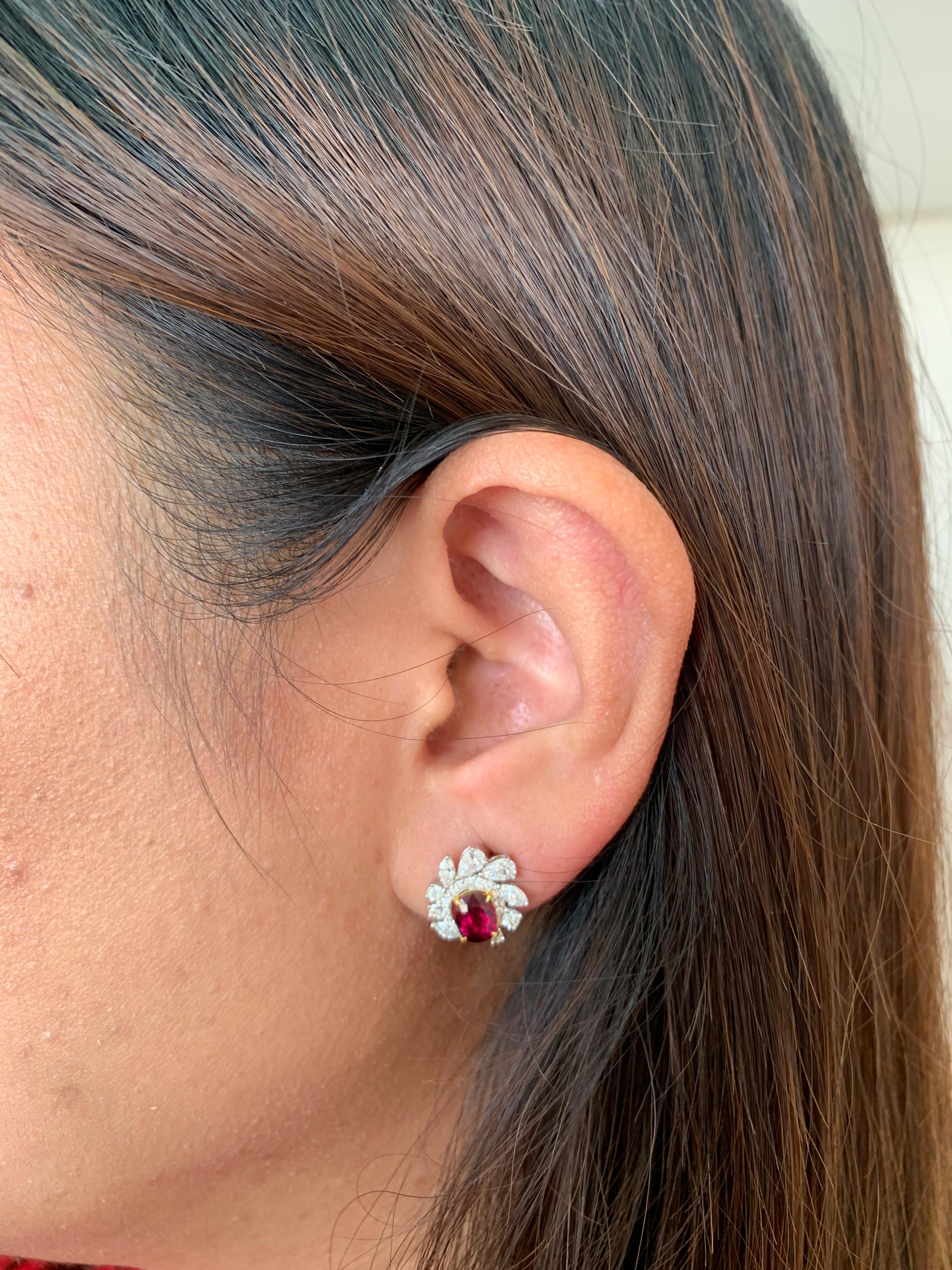 Women's or Men's GRS Certified 1.57 Carat Burmese No Heat Pigeon Blood Ruby and Diamond Earrings For Sale