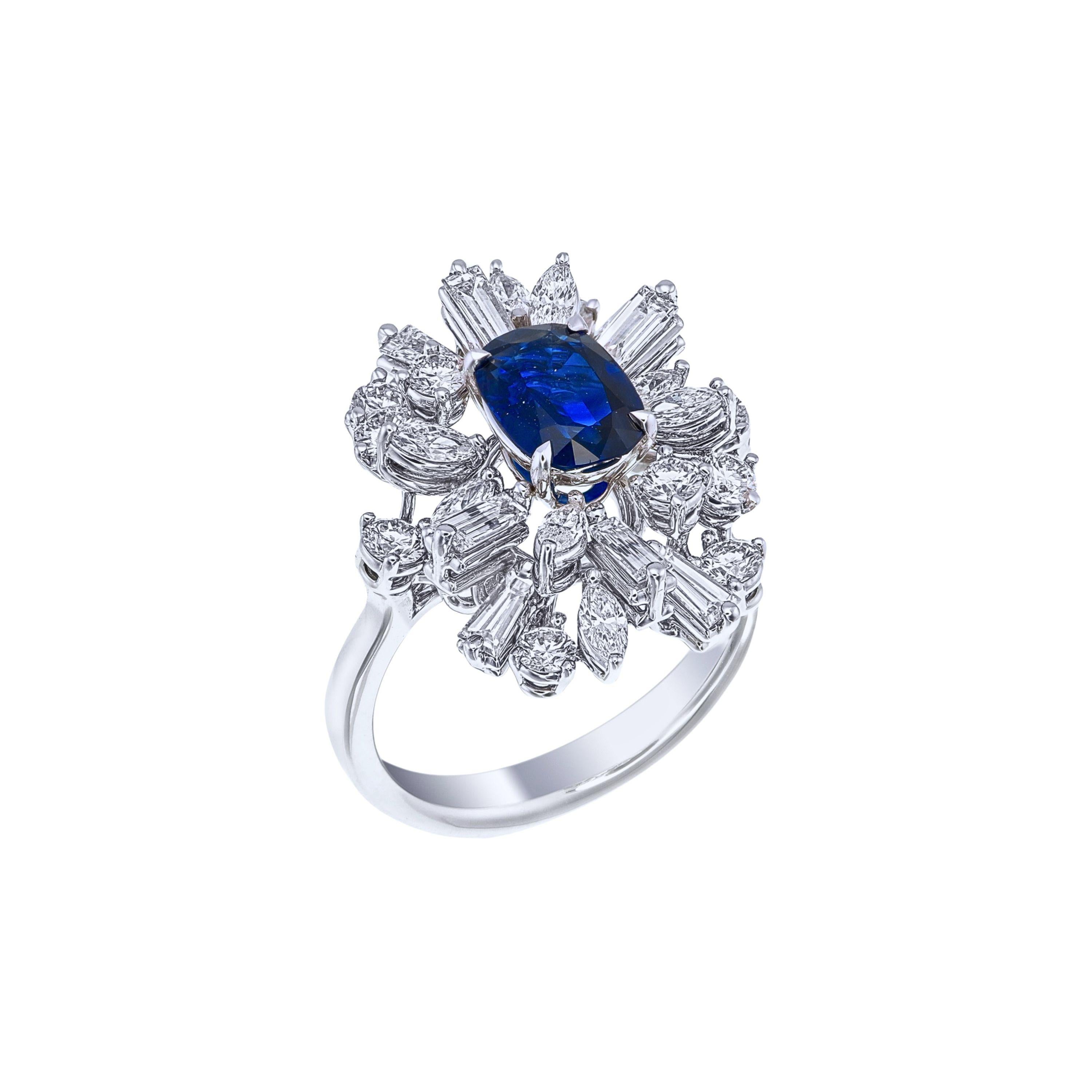 This exquisite ring features a 1.58-carat cushion-cut sapphire from Pailin, Cambodia. The sapphire is certified by GRS (GemResearch SwissLab) for its natural, untreated deep blue color, making it a rare and valuable gemstone.

Set in 18K white gold,