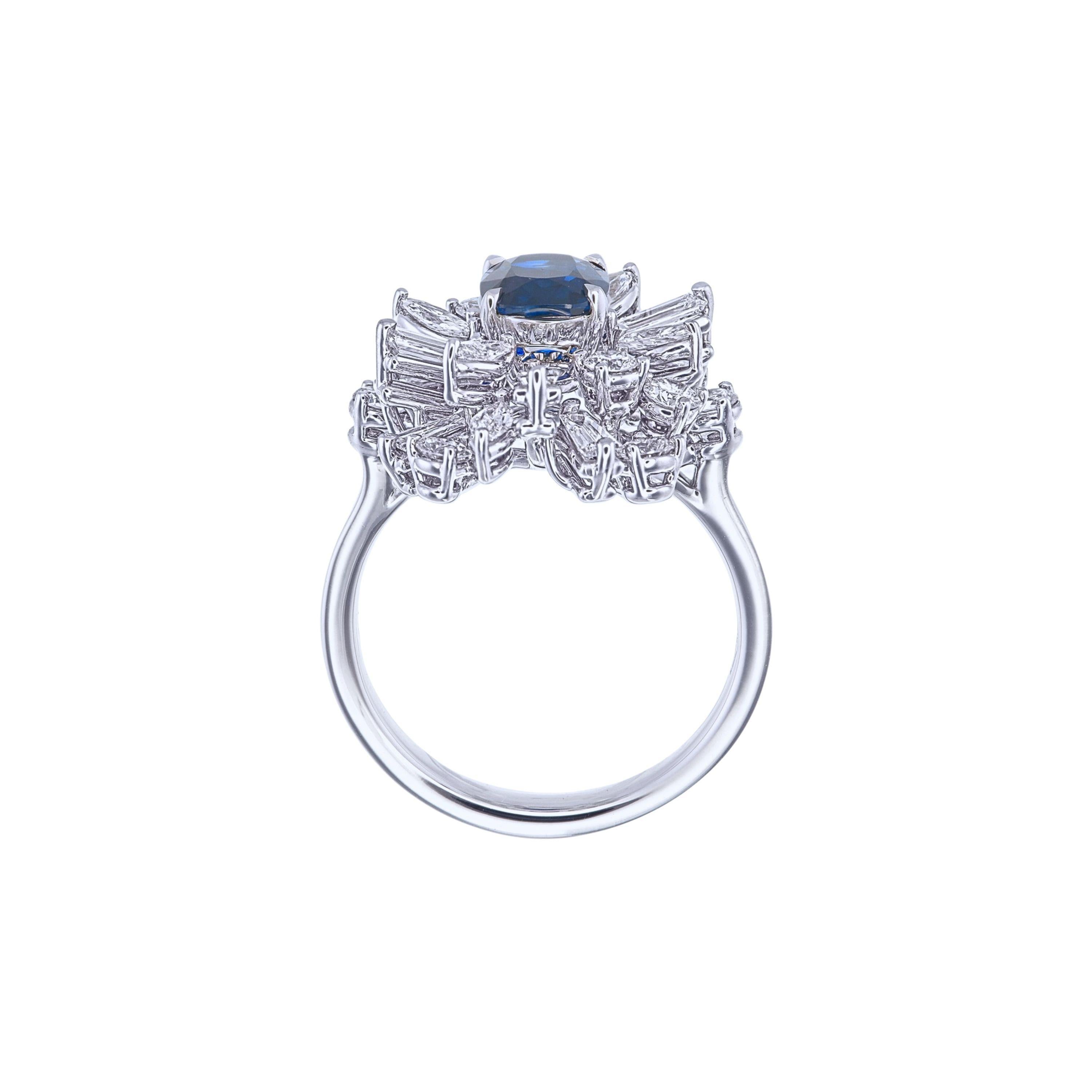 Contemporary GRS Certified 1.58 Carat Unheated Deep Blue Pailin Sapphire & Diamond Ring For Sale
