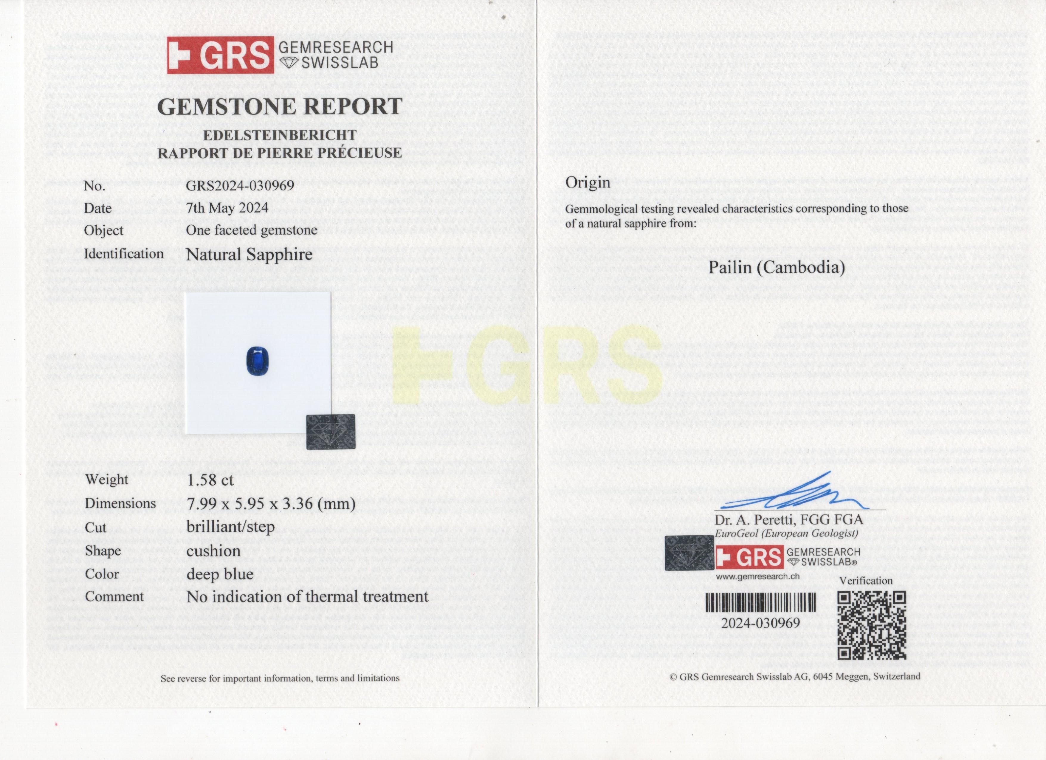GRS Certified 1.58 Carat Unheated Deep Blue Pailin Sapphire & Diamond Ring In New Condition For Sale In Bangkok, Bangkok