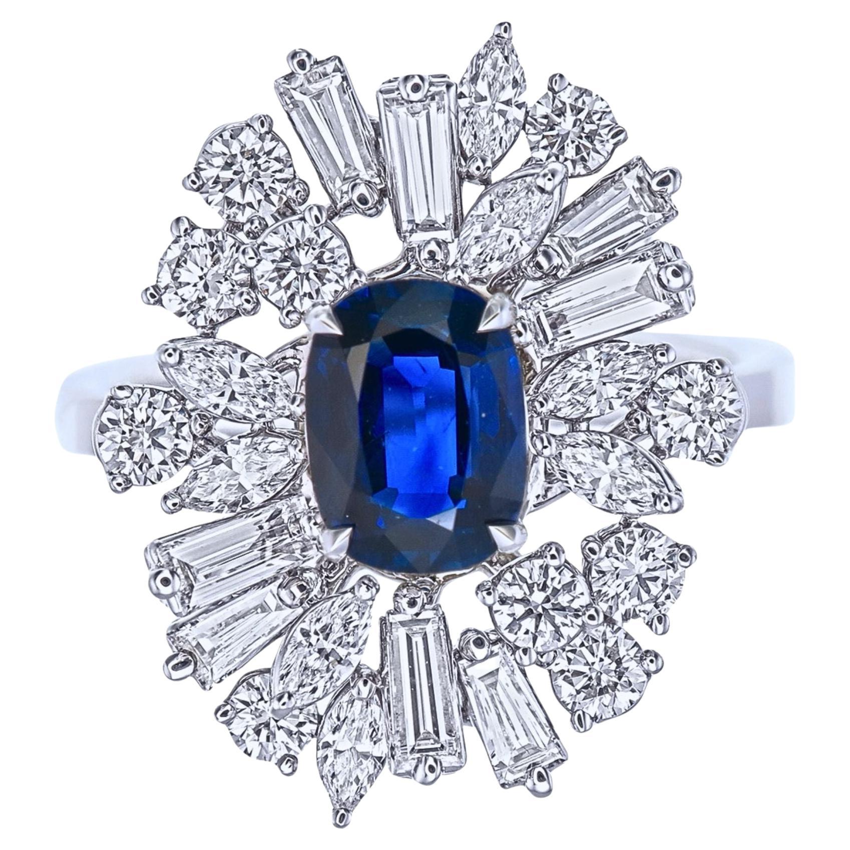 GRS Certified 1.58 Carat Unheated Deep Blue Pailin Sapphire & Diamond Ring For Sale