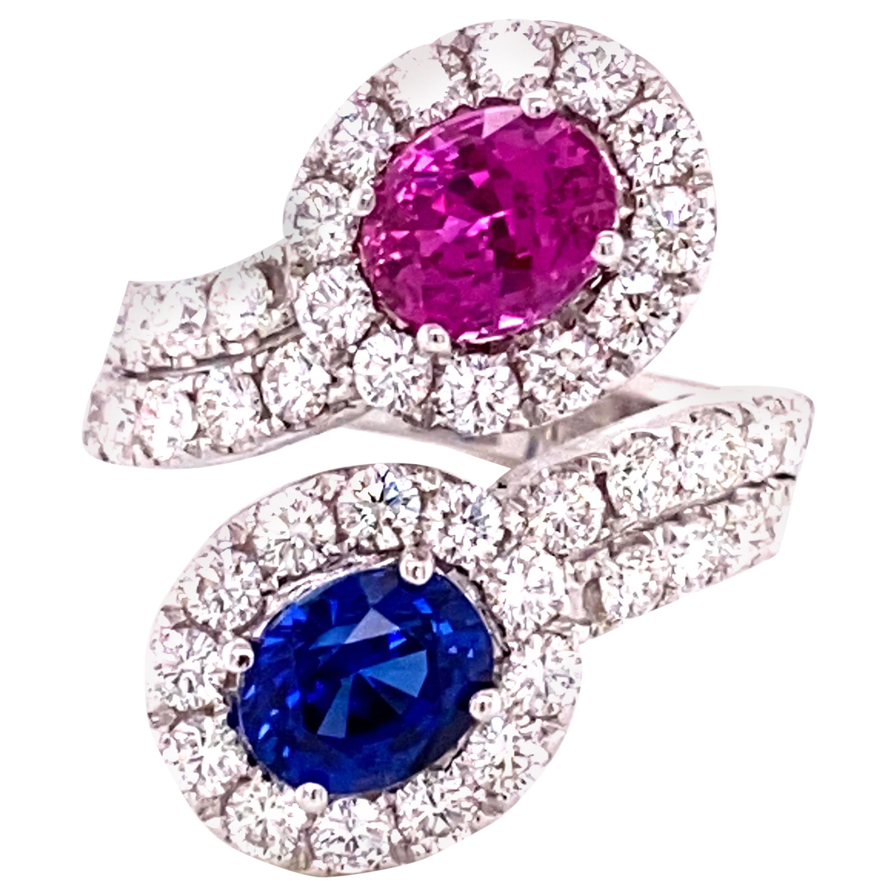 GRS Certified 1.59 Carat Blue Sapphire and 1.54 Carat Pink Sapphire Diamond Ring